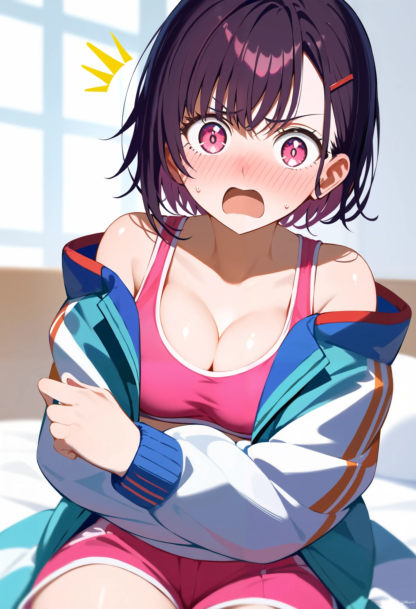 1 girl,solo,mikazukishizuka, beautiful face,perfect face,jacket, open jacket, pink sports bra ,pink sports shorts,shiny skin,open mouth,medium breasts,arm crossed,embarrassed,angry,(((Surprised ,shy))),covering breasts with both hands,skin,sitting on the bed,indoors,upper body,looking at viewer ,front view BREAK , medical examination,BREAK at curtain room