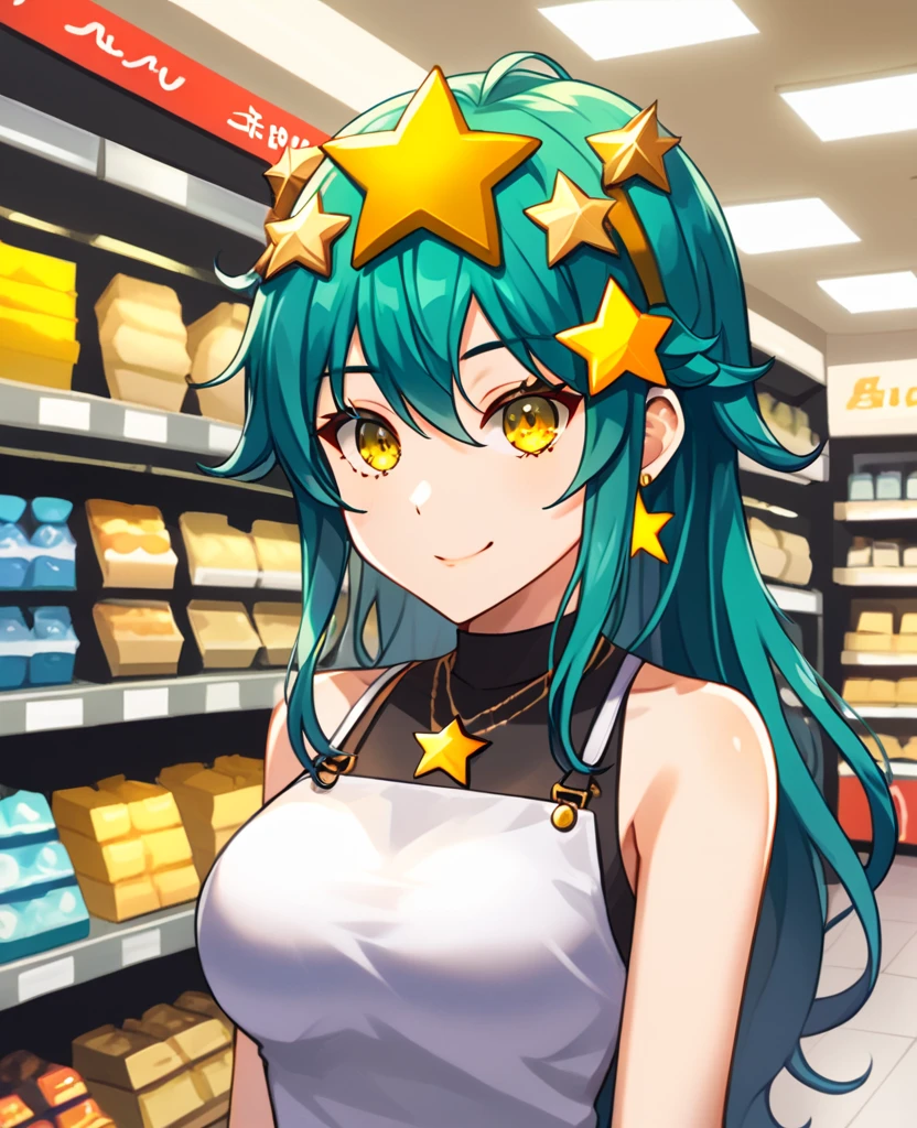 masterpiece,one girl best quality,1girl,plae white skin,green hair,pink eyes,green hair,side ponytail,hair ornament,flower,long hair,light frown,tsundere, black pantyhose, happy,single, yellow cum stains on pantyhose, pussy outlined through pantyhose, cum stains on croptop, food stalls, paying the foodstall owner with her body