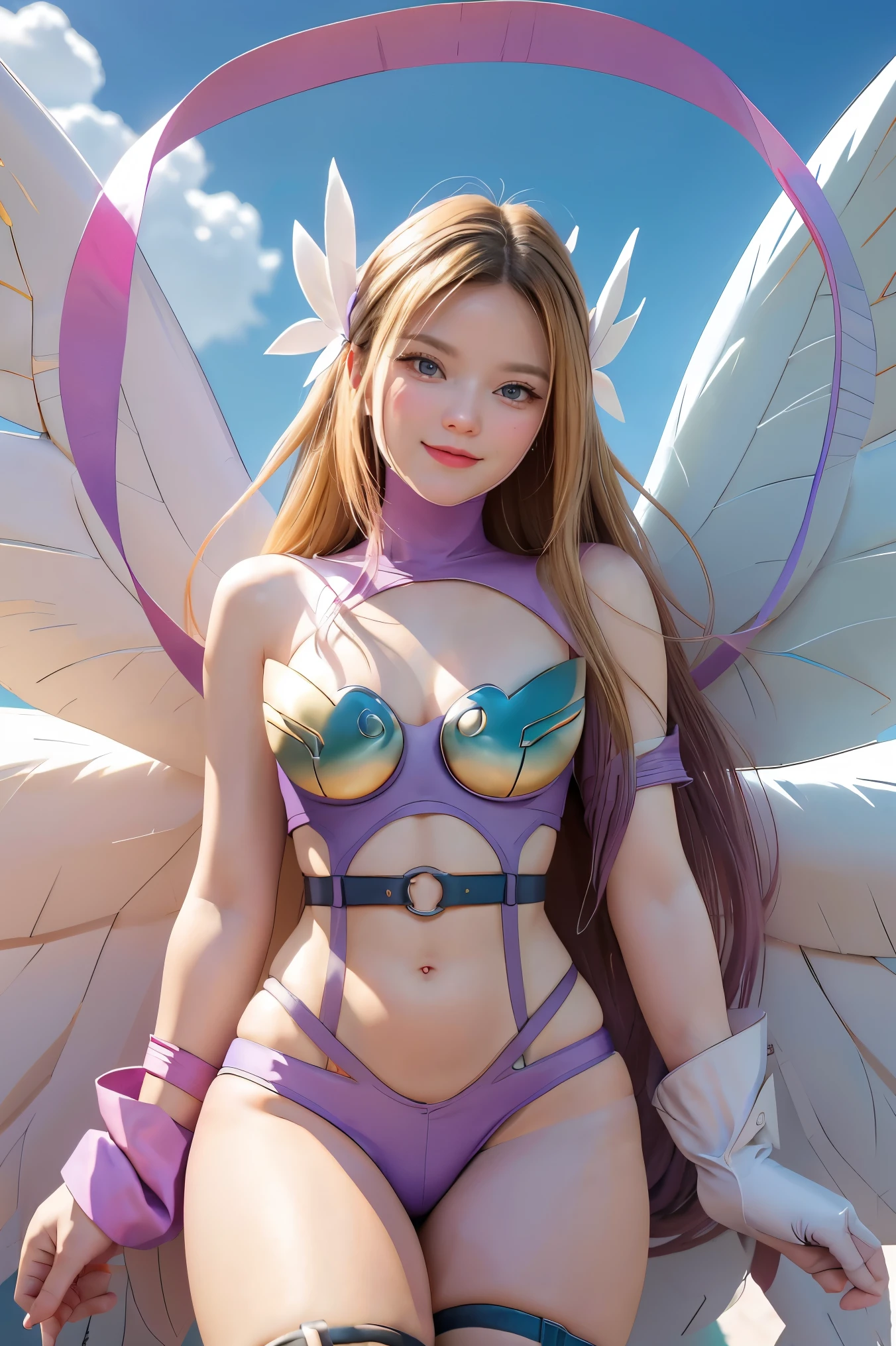 purple hair, long hair, hair ornament, belt, butterfly wings gauntlets, cleavage, garter straps, gauntlets, navel, shoulder pads, thigh highs,, sky, cloud,angewomon, ((blonde hair)), long hair, angel wings,blue eyes, ((big boob)), ((large breasts)), bare shoulders, elbow gloves, feathered wings, gloves, navel, pink ribbon, ribbon, single elbow glove, single glove, thigh strap, wings, sexy, sexy body, laugh,masterpiece, best quality, in detail,cute, (split), whole body, Best image quality、masterpiece、8k、Anime Face、A kind smile、 beautiful body 、Cowboy Shot,sexy、Very detailed、highest quality