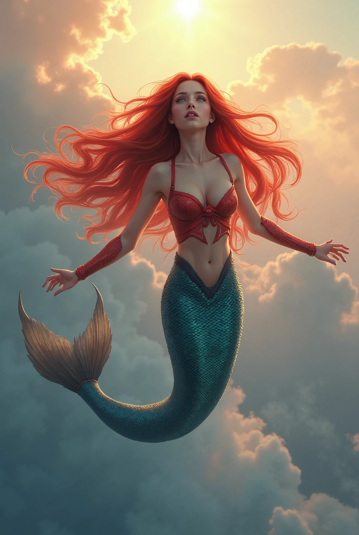 A Fantasy Full Body Red Hair Meremaid with a Barbecue in the ocean , under the sea, Perfect body, perfect Face, Perfect Mermaid Tail, detailed and Intricicated, HD