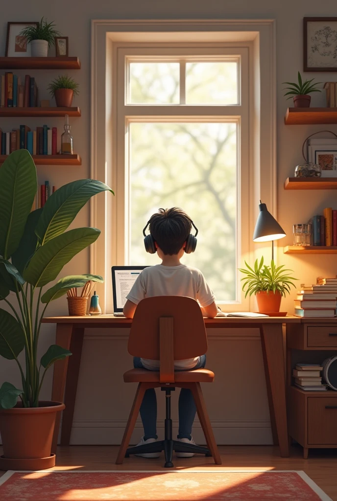 Boy sitting at studio table
Coffee 
Headset
Mix
Open front window
Mild sun