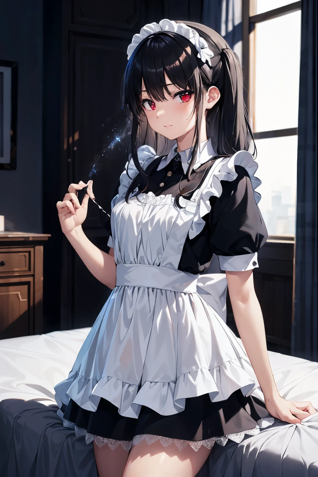 ( masterpiece),  top quality,   Hi-Res,  Details,    Details,   perfect lighting,   Abandoned sparkling, bedroom with night time,  one girl,  small,    viewers  ,  small,   black and white Maid Uniform , shy, Hosoda Momo   , sheer, wet, miniskirt, detailed beautiful face, detailed skin, detailed clothes, detailed eyes, sparkling red eyes,