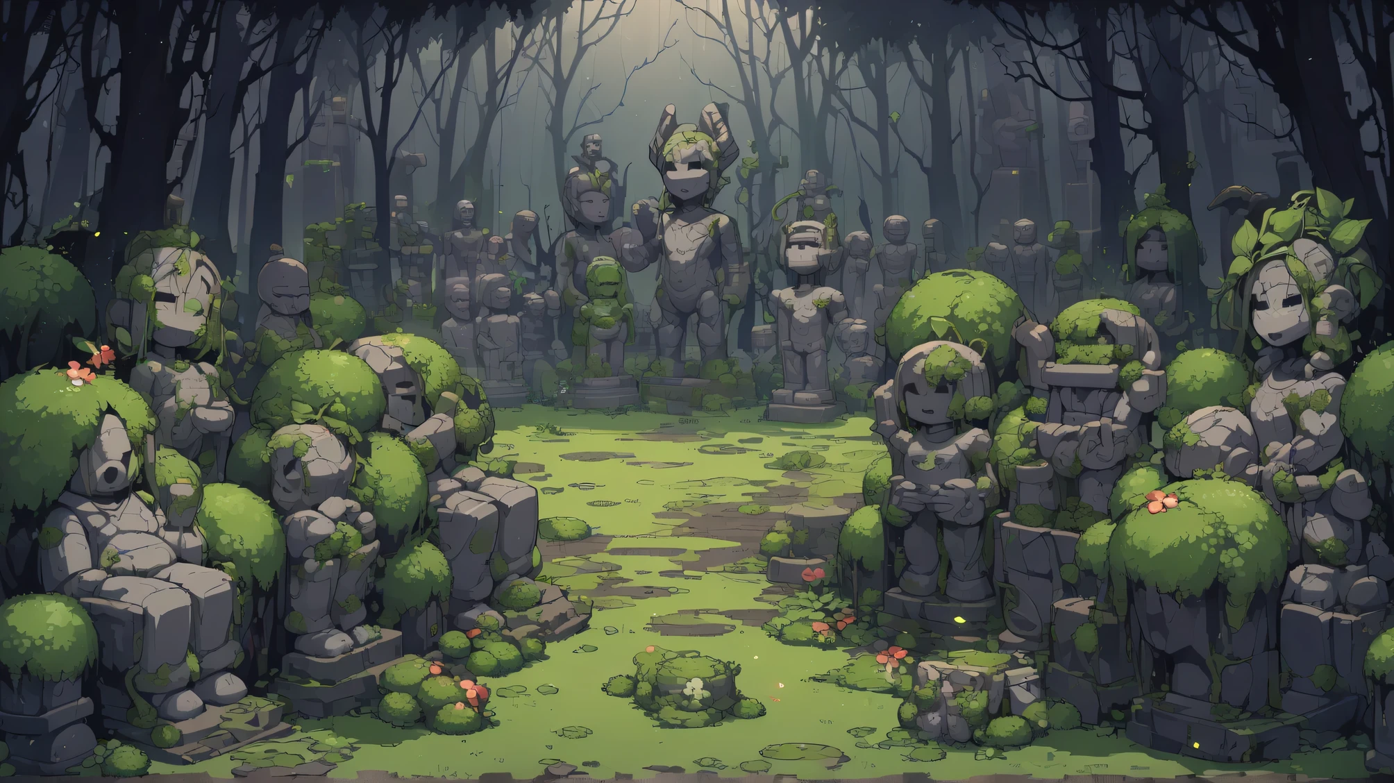 Retro video game style, pixelated, vibrant colors, 8-bit characters, blocky shapes, sharp lines, detailed shading, classic gaming vibe, nostalgic atmosphere, classic arcade games. Masterpiece:1.2, ultra-detailed, illustration style. 2Dvideo game texture, (dark fantasy)

game tiles, tileable texture

Very detailed  texture
stone texture, 4K seamless forest texture, , jungle texture.  

(magical dreadful garden:1.7) ((bushes and vines)) ((garden:1.1)) (purpluish theme)
 ((dark light)) ((dark evil atmosphere, dark:1.4)) ((lots of dead trees and roots:1.0) (full of humanoid statues covered in moss:1.8)

(front view:1.4), (outdoors:1.5) (close up:1.2) ((full of evil snakes and cobras:1.0)