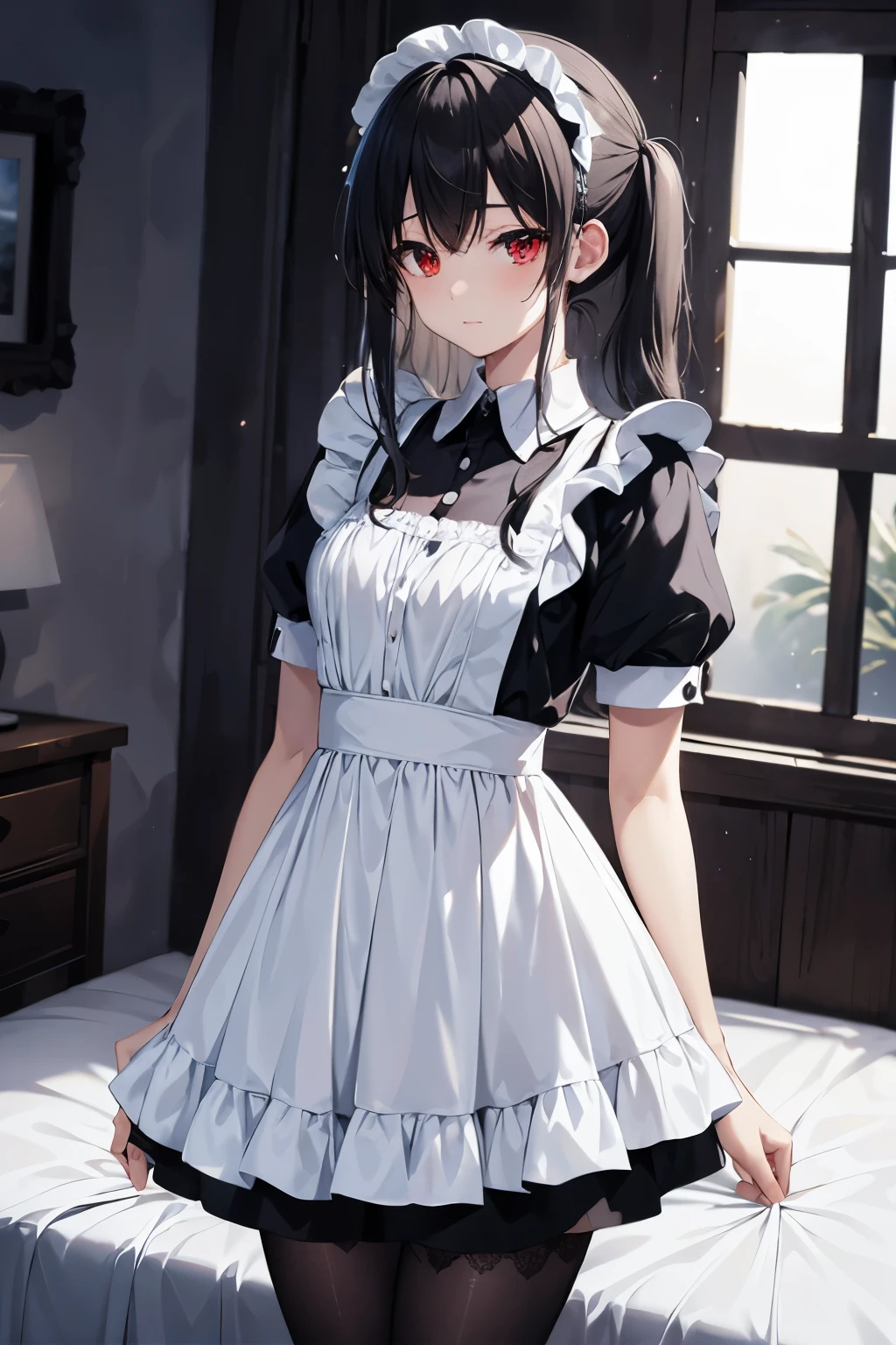 ( masterpiece),  top quality,   Hi-Res,  Details,    Details,   perfect lighting,   Abandoned sparkling, bedroom with night time,  one girl,  small,    viewers  ,  small,   black and white Maid Uniform , shy, Hosoda Momo   , sheer, wet, miniskirt, detailed beautiful face, detailed skin, detailed clothes, detailed eyes, sparkling red eyes,