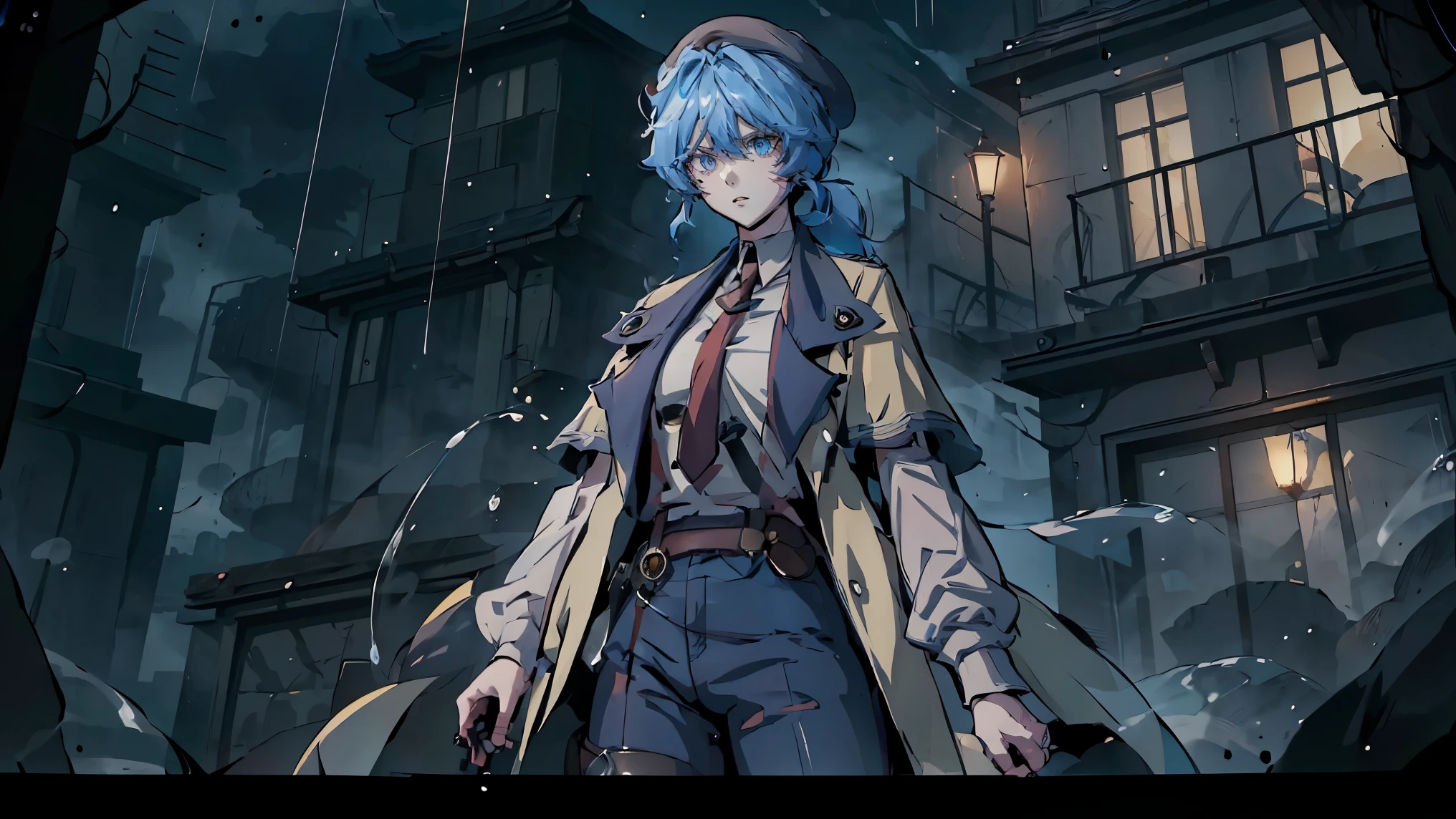 A half-length portrait of a tall anime girl with blue eyes, wearing a hat and a red tie, (2D anime style), (Manhwa artstyle), ((detailed shadowing, shading, person is deep in shadow)), (Shadow casting, terminator line). She has blue hair styled in a low ponytail with soft, wispy, slightly layered curtain bangs that frame her face, blending naturally into her hairstyle. Her bangs are parted slightly in the middle, with some strands falling across her forehead. ((Loose clothes)), dressed in a detective costume: a cream trench coat, blue baggy pants, blue jeans, a collared white shirt, and a red necktie. She also wears a beret, embodying a Sherlock Holmes female cosplay aesthetic. (Background is a detective office), set in a dark, rainy atmosphere with rain droplets visible, emphasizing a wet effect. The lighting enhances the dramatic mood with terminator line effects and deep shadows. ((Trigger anime artstyle, Girls' Frontline style, best anime 4K Konachan wallpaper, CaseySelmoy)). She has a tall, slim adult body, standing with a confident yet mysterious posture. The scene conveys a noir-style detective aesthetic with a wet and moody atmosphere, featuring high detail in shading and lighting., (((raining, water droplets))), solo,