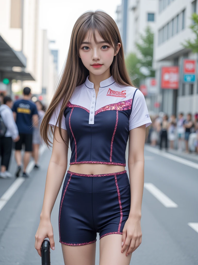(best quality,ultra detailed,highres,HDR,8k,3D,realistic,photorealistic,super fine,effects,official art,detailed background), ((very happy girl smile,young,Japanese,small face beauty):1.3), ((Happy days),(kawaii,round face,small face beauty):1.3), (dynamic pose:1.3), (multicolored hair:1.2), (Dip dye hair:1.1), (large breasts:1.3), (wide hips:1.3), (Race queen), (Racing suit), (Fashion with a futuristic design based on blue and white), (Mini skirt), (Navel button), (International circuit), (Model standing)