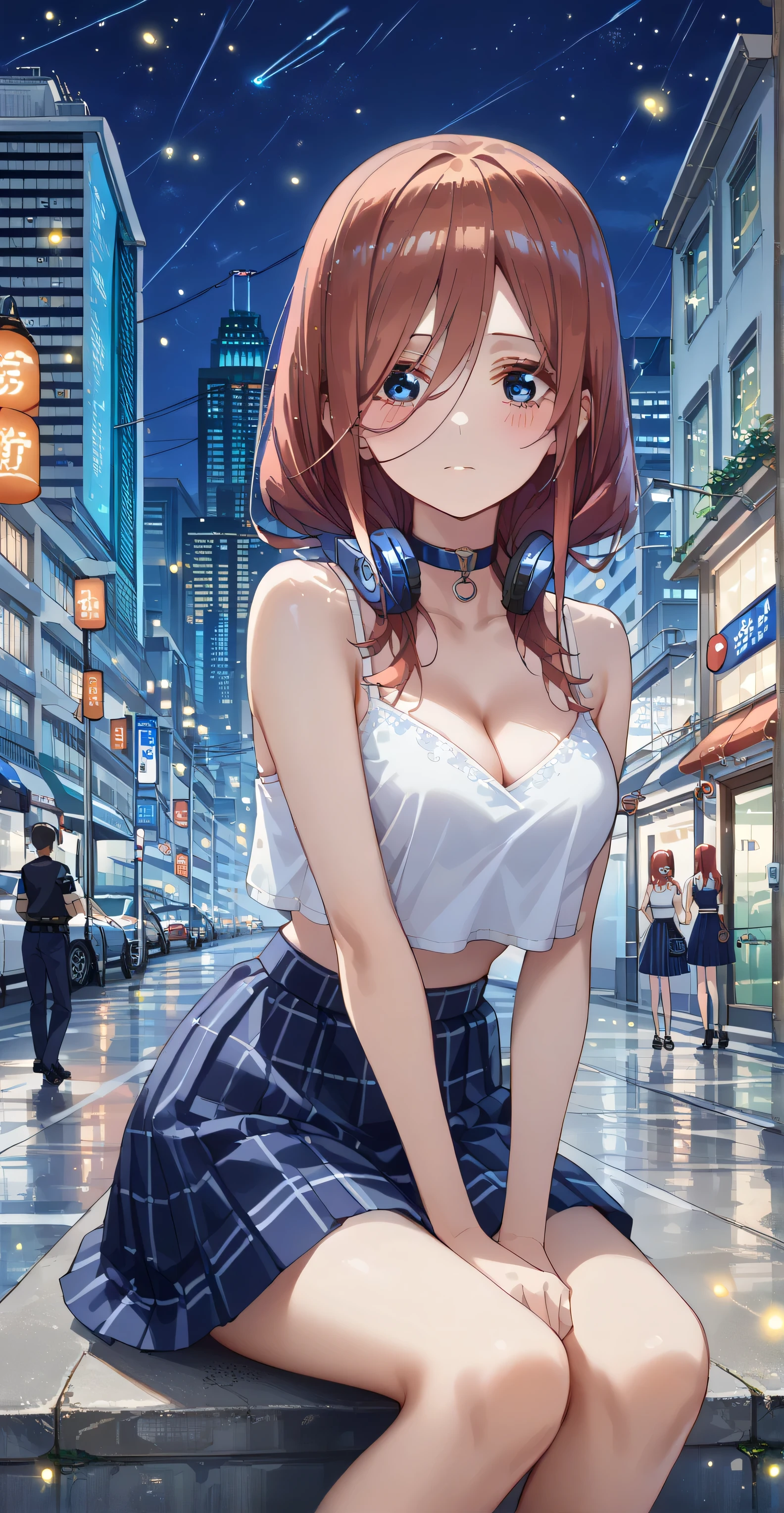 Nakano miku, (long hair,), Blue eyes, score_9, score_8_up, score_7_up, source_anime, masterpiece,best quality, medium breasts, Shy, ((White Spaghetti, crop top overhang, cleavage, headphone, choker, thight skirt)), Sit down ((background: Mid night city, building, traffic lamp, firefly,))