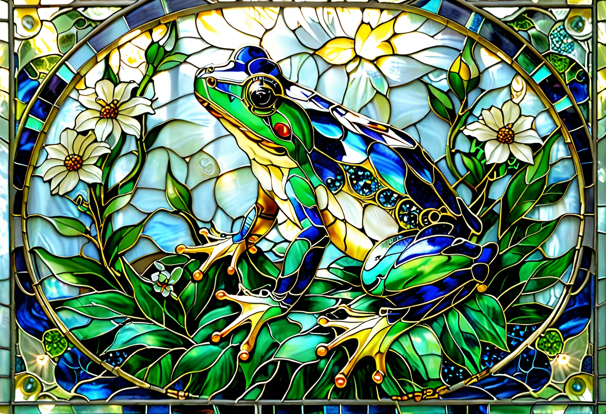 「 Mysterious stained glass art frogs 。 has a realistic figure and proper balance of limbs 、 is beautiful with green and gold sparkles {x} A frog sits in the center。 The frog's body is delicately patterned 、 has a realistic yet fantastic atmosphere 。 The background is composed of deep blue and turquoise mosaic glass, and 、 emits a mystical glow like light shining in 。 green leaves and white flowers are gracefully arranged around it 、 around them Control the elements 。Transparency of stained glass 、Reflection of light、 faithfully represents the precise decoration 。 The number of limbs is exactly 4 、No excessive legs or fingers 。 high res、 art style、 fantastic beauty。」