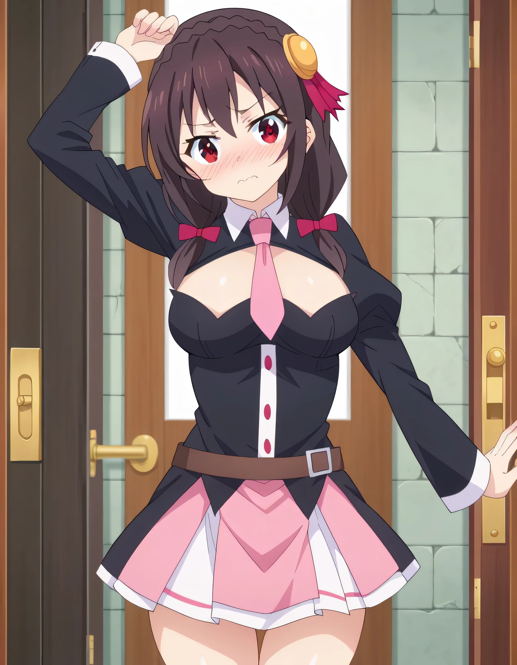 high definition, high quality、
Yunyun、 black hair, hair accessories , red eyes, , braided, crown braided,
skirt, thighs, Long Sleeve, tie, Outfit Cutout, cleavage cutout, pink tie、 view viewer、(blush)、( Embarrassing Expression)、entrance、The door is open、 eye brace、 viewed diagonally from the side、View from a little above、 fighting pose