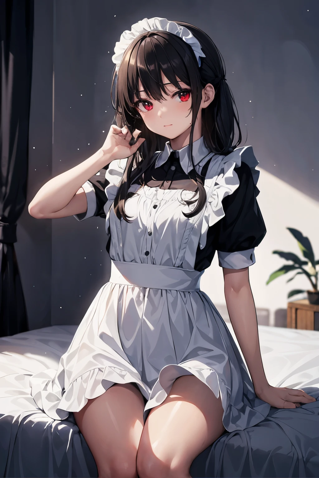 ( masterpiece), top quality, Hi-Res, Details, Details, perfect night lighting, Abandoned sparkling, bedroom with night time, one girl, small, viewers , small, black and white Maid Uniform , shy, Hosoda Momo , sheer, wet, miniskirt, detailed beautiful face, detailed skin, detailed clothes, detailed eyes, sparkling red eyes,