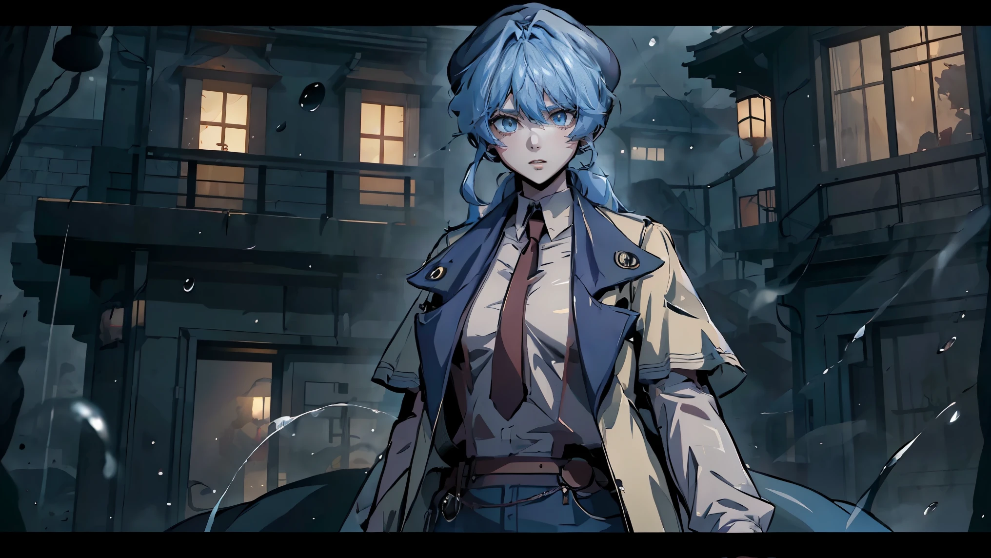 A half-length portrait of a tall anime girl with blue eyes, wearing a hat and a red tie, (2D anime style), (Manhwa artstyle), ((detailed shadowing, shading, person is deep in shadow)), (Shadow casting, terminator line). She has blue hair styled in a low ponytail with soft, wispy, slightly layered curtain bangs that frame her face, blending naturally into her hairstyle. Her bangs are parted slightly in the middle, with some strands falling across her forehead. ((Loose clothes)), dressed in a detective costume: a cream trench coat, blue baggy pants, blue jeans, a collared white shirt, and a red necktie. She also wears a beret, embodying a Sherlock Holmes female cosplay aesthetic. (Background is a detective office), set in a dark, rainy atmosphere with rain droplets visible, emphasizing a wet effect. The lighting enhances the dramatic mood with terminator line effects and deep shadows. ((Trigger anime artstyle, Girls' Frontline style, best anime 4K Konachan wallpaper, CaseySelmoy)). She has a tall, slim adult body, standing with a confident yet mysterious posture. The scene conveys a noir-style detective aesthetic with a wet and moody atmosphere, featuring high detail in shading and lighting., (((raining, water droplets))), solo,