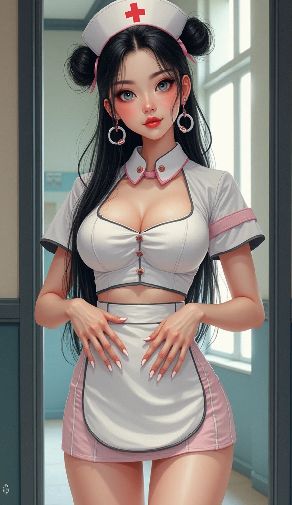 Dressed in a sleek and form-fitting nurse's uniform,
Her pose exudes confidence and allure,
Against a vibrant backdrop of colorful wallpaper,
Her hair cascades in soft waves around her shoulders,
She gazes seductively, invitingly,
Viewed from a slightly elevated angle,
The scene captures a sense of sensuality,
With the hospital equipment subtly in the background,
Creating a juxtaposition between passion and healing.
