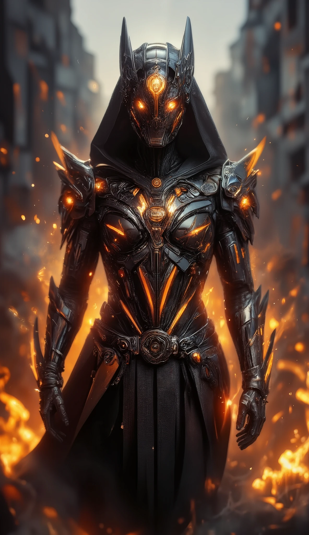 A futuristic cybernetic warrior in a dark, armored suit with glowing orange energy lines, wearing a hooded cloak. His helmet is sleek, smooth, and featureless except for the intense orange lights forming angular patterns. The environment is filled with fire and embers, creating a dramatic contrast against the black armor. The warrior's pose is imposing, exuding power and mystery, with a cinematic lighting effect enhancing the fiery background. The atmosphere is intense, evoking a sci-fi dystopian or cyberpunk aesthetic.