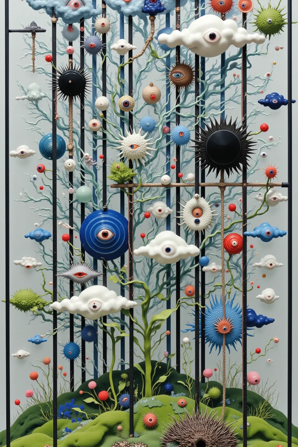 in style of stephen gamel,in style of Harry Bertoia,(in style of Nick Veasey:1.1),(in style of Alan Aldridge:0.7),
abstract style,twig,eyeballs, corals,(abstract cubism:1.3),monsters in shape,carnivorous plants,diagonal composition,(irregular composition:1.3),(curve lightline:1.4),white_background,(imagining:1.4),(melting:1.3),upside-down plants,Pointillism method