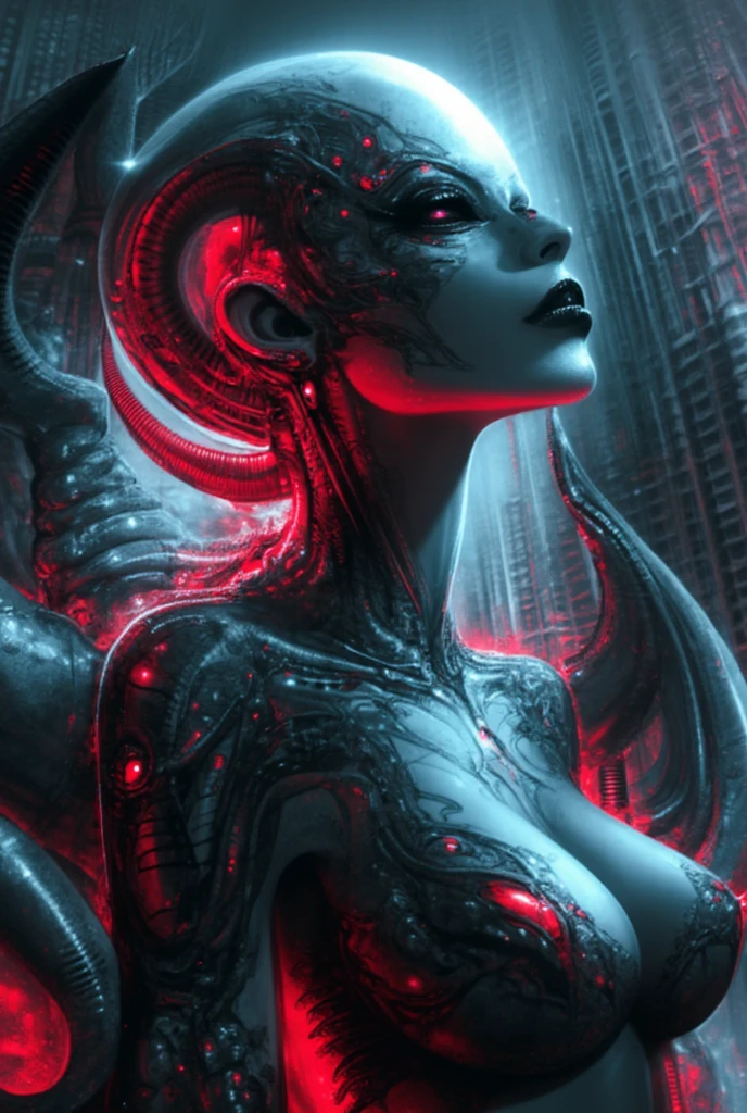Stunningly gorgeous beautiful perfect hr giger tattooed sexy seductive demonic girl, perfect face, hyper detailed neon sapphire eyes, large breasts, full body view, nude