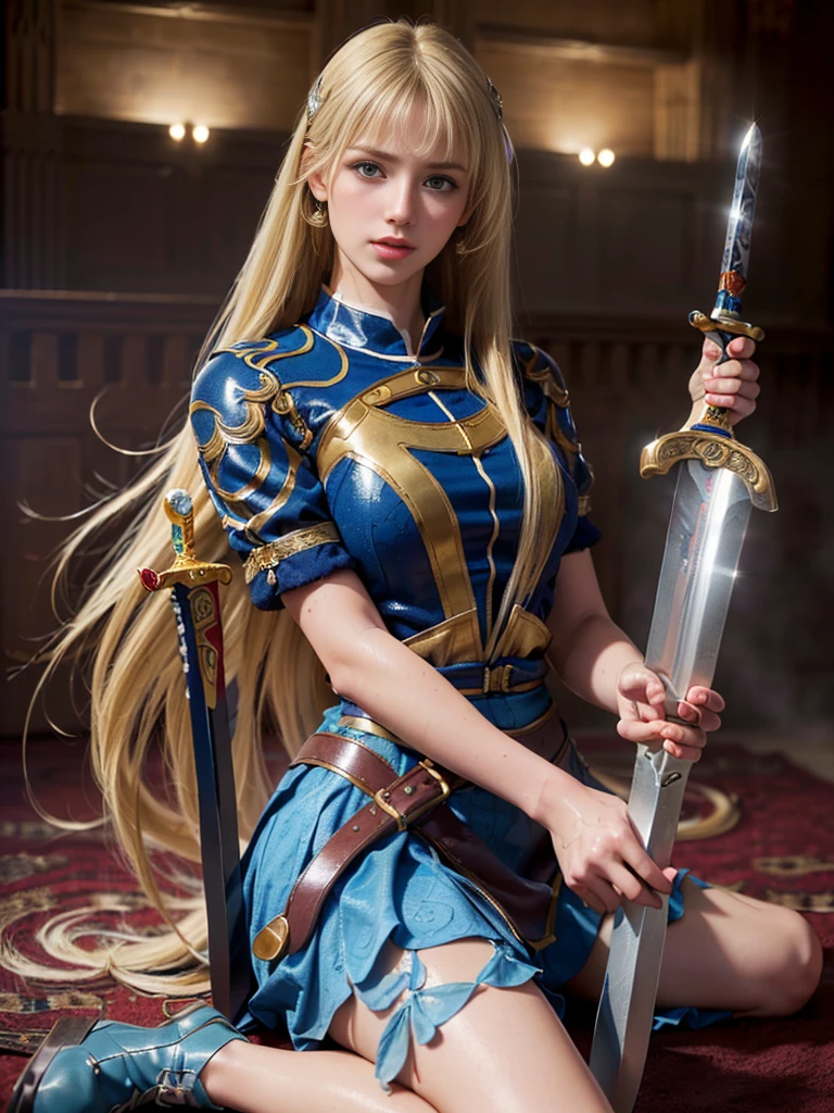 8k, best quality, masterpiece, highly detailed, semi realistic, 1 girl, young female, 19 years old, golden long hair, right eye covered by Bangs, blue right eye, jewelry crown, palace style white and gold short skirts, golden iron boots, slim figure, holding a sword,Bow and arrow, holding a bow and arrow, shooting arrows, --auto --s2