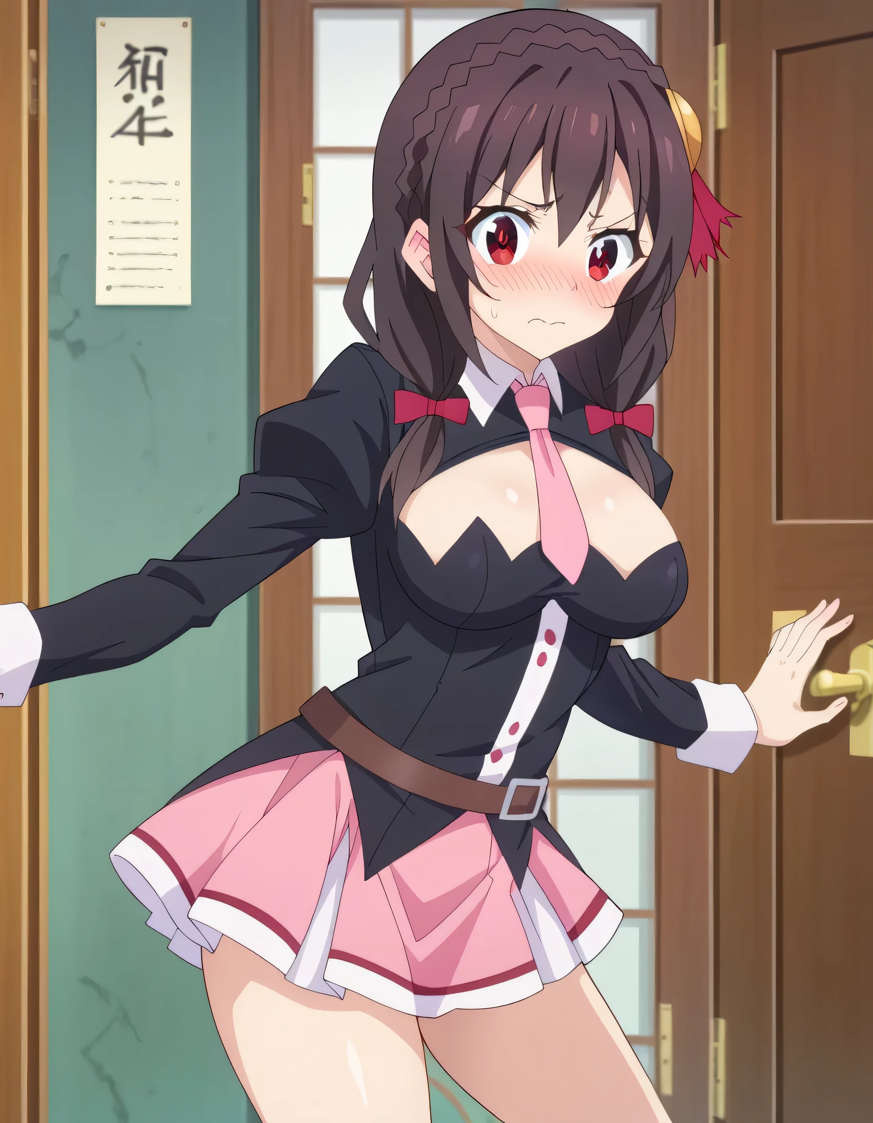 (masterpiece, Highest quality), One girl, Yunyun,Long Hair,Braiding,Twin tails,Hair between the eyes,Red hair ribbon,hair ornaments,large round breasts,、Pink Skirt、Black Hair、Red Eyes、(Embarrassed face:1.2)、grassland、Crown Blade,Black Shirt, Long sleeve,Pink tie, belt, Cleavage cutout、cowboy shot、(blush:1.2)、Pink shorts、View from below