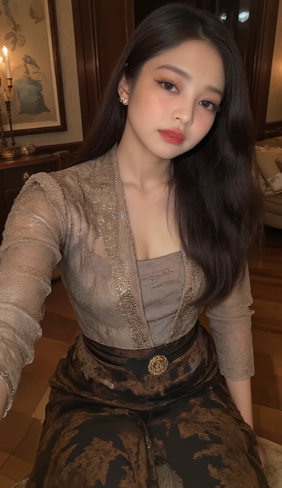 ( Raw Photo ), ( half-body shot , Front view of focus), (random posing , simple makeup ), (Black Hair), (natural white skin , Medium Tits , one person), ( Indonesian Kebaya Dress : Light Brown-Dark Gray Indonesian Kebaya Dress), ( Indonesian Batik Skerrit : Dark Brown-Black Indonesian Batik Skerrit ), (elegant, embroidery , interesting decor ), living room background , cinematic lighting ,
