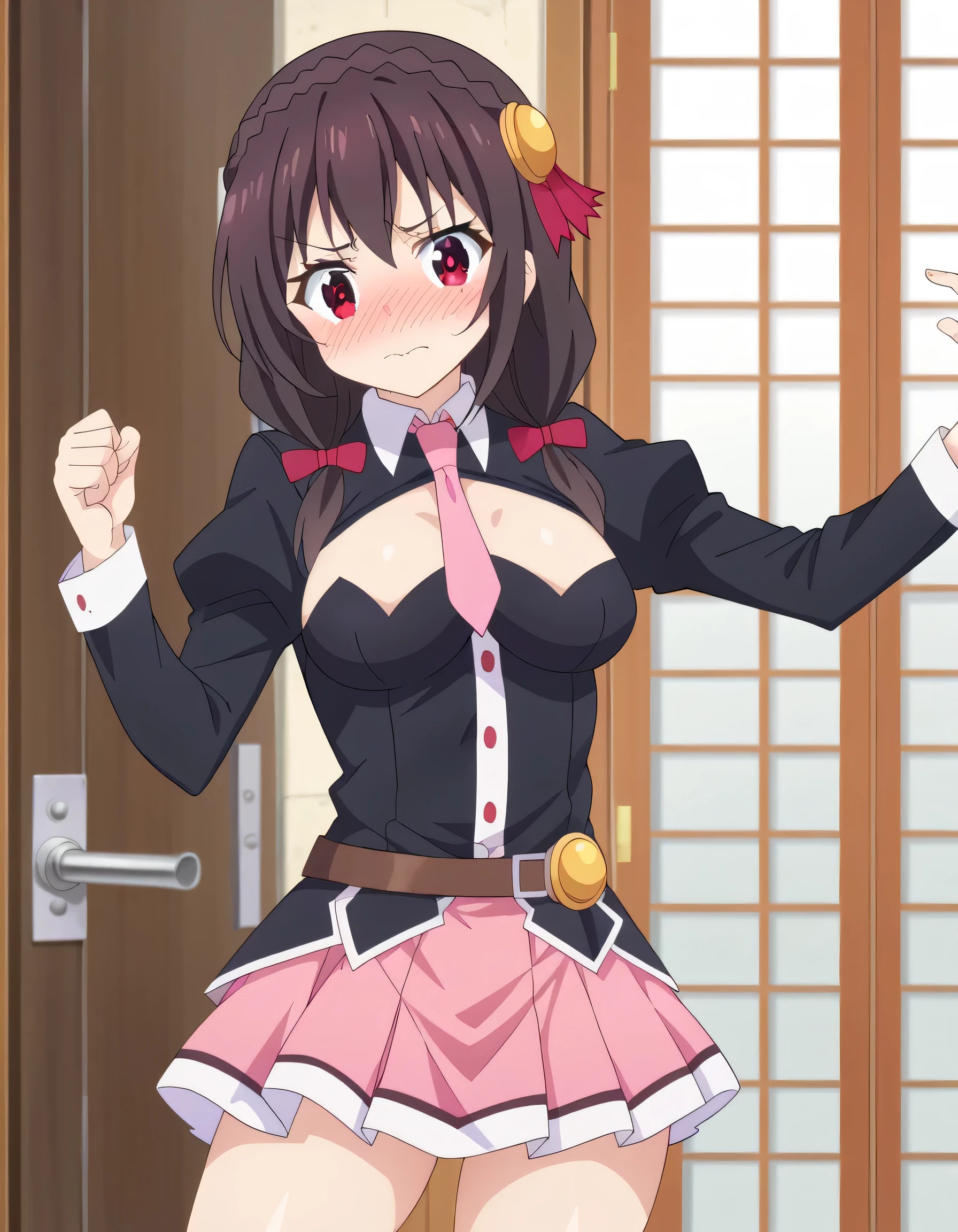 (masterpiece, Highest quality), One girl,    Yunyun,Long Hair,Braiding,Twin tails,Hair between the eyes,Red hair ribbon,hair ornaments,large round breasts,、Pink Skirt、Black Hair、Crown Blade,Black Shirt, Long sleeve,Pink tie, belt, Cleavage cutout、Above the knee、(blush:1.2)、Young face、(Puffing out cheeks and sulking:1.2)、The underwear is pink、Fluttering Skirt、View the viewer
