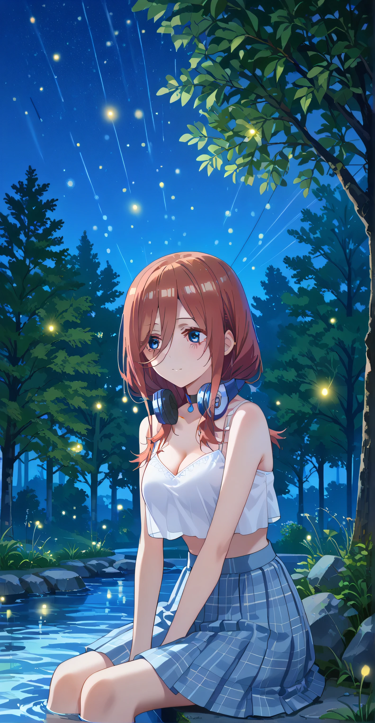 Nakano miku, (long hair,), Blue eyes, score_9, score_8_up, score_7_up, source_anime, masterpiece,best quality, medium breasts, Shy, ((White Spaghetti, crop top overhang, cleavage, headphone, choker, thight skirt)), Sit down ((background: Mid night , Leak, water fall, firefly, tree, beautiful sky))
