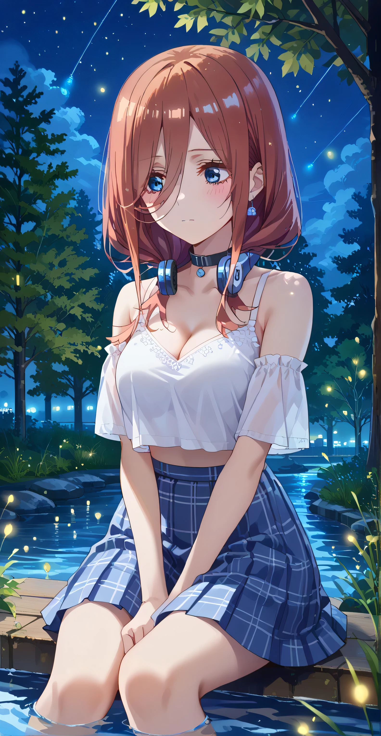 Nakano miku, (long hair,), Blue eyes, score_9, score_8_up, score_7_up, source_anime, masterpiece,best quality, medium breasts, Shy, ((White Spaghetti, crop top overhang, cleavage, headphone, choker, thight skirt)), Sit down ((background: Mid night , Leak, water fall, firefly, tree, beautiful sky))