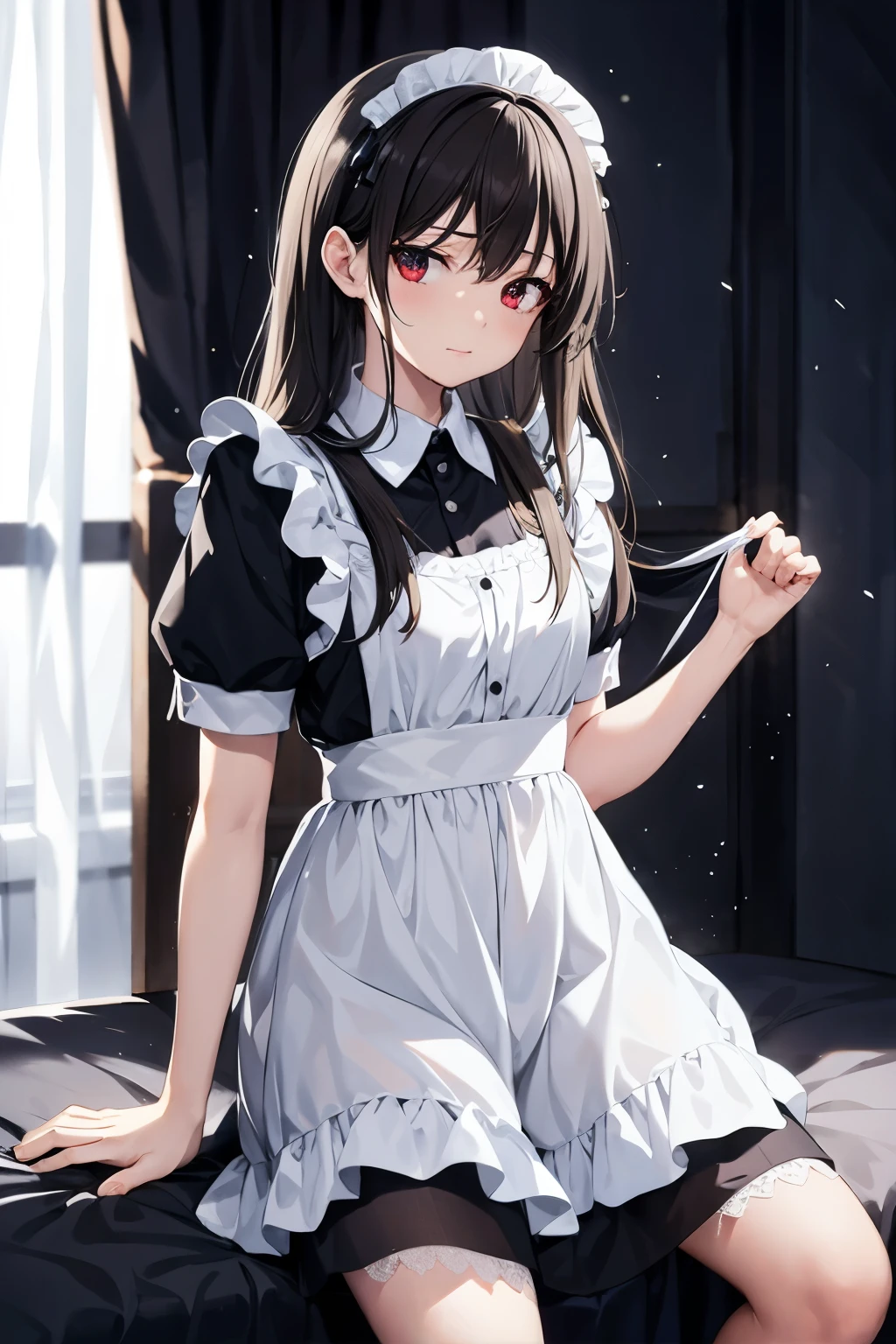 ( masterpiece), top quality, Hi-Res, Details, Details, perfect night lighting, Abandoned sparkling, bedroom at night, one girl, small, viewers , small, black and white Maid Uniform , shy, Hosoda Momo , sheer, wet, miniskirt, detailed beautiful face, detailed skin, detailed clothes, detailed eyes, sparkling red eyes, night, , brown hair,