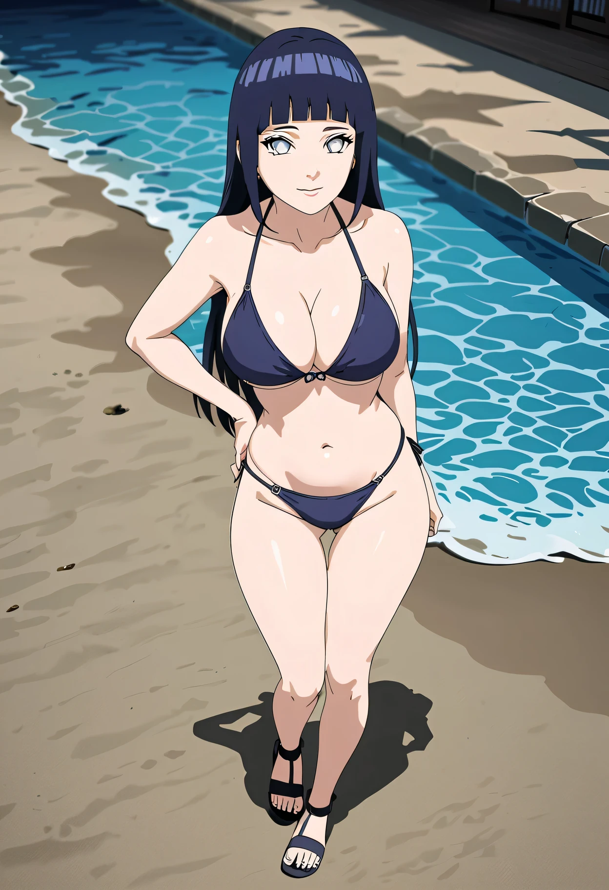 ((Jyuken posted1.39)),1girl, Hinata Hyuga, hand on hip, long hair, blunt bangs, dark blue hair, white eyes, no pupils, forehead protector, konohagakure symbol, bikini, open sandals,seductive smile, looking at viewer, (masterpiece, best quality, Professional, perfect composition, very aesthetic, absurdres, ultra-detailed, intricate details:1.3),slim body, curvy body, big breasts, boobs, big cleavage,