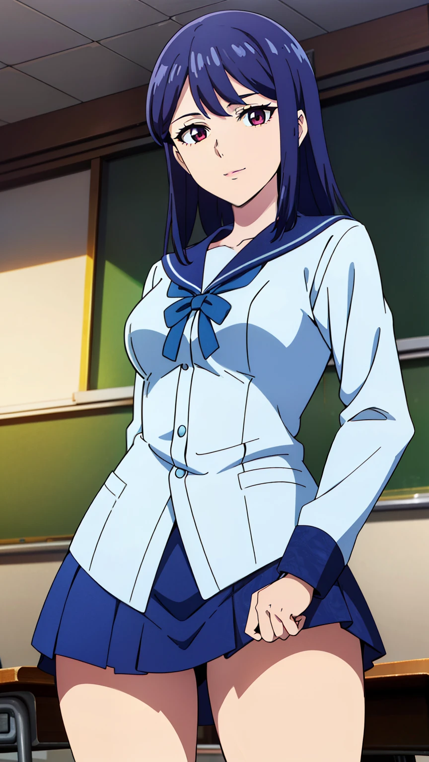 (Top quality, masterpiece, 8k), (anime coloring:1.2), very detailed, very detailed, perfect face, beautiful eyes, perfect eyes, detailed eyes, detailed face, ultra-detailed, detailed eyes, symmetrical eyes, sharp details, 1 girl, solo, (medium hair:1.2), 18 years old, medium breasts, healthy skin, slim, slim body, (half smile), (high girl, white sailor suit, white long sleeve, navy blue ribbon, black mini skirt, thighs, classroom), (cowboy shot:1.3), (dynamic pose), looking at the viewer, in the center of the image,