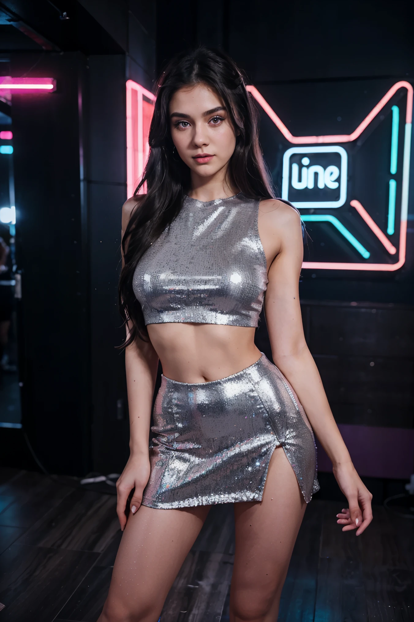 beautiful 20 year old woman, (perfect body) 170cm tall, 60kg weight, white skin, long curly dark hair, light gray eyes, wearing a glitter top, short skirt, in the nightclub, neon lights, very detailed, analog style, (((full body))) (energetic), dancing