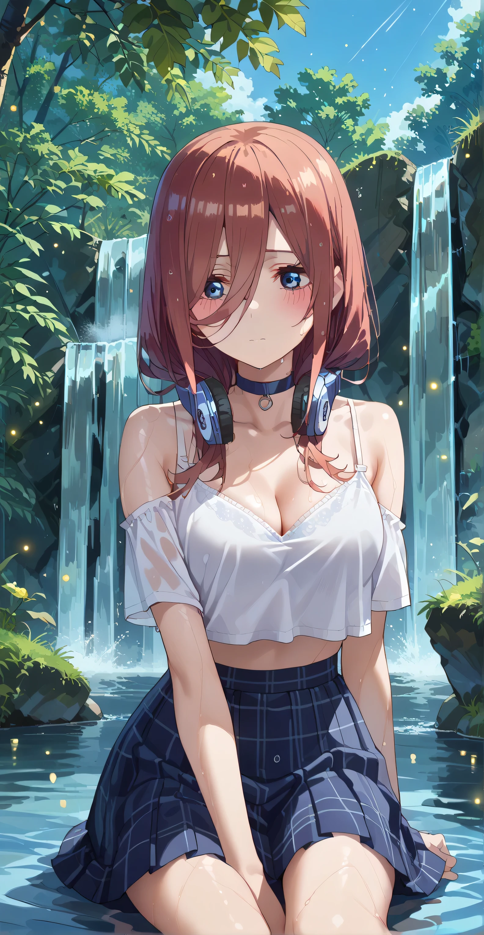 Nakano miku, (long hair,), Blue eyes, score_9, score_8_up, score_7_up, source_anime, masterpiece,best quality, medium breasts, Shy, ((White Spaghetti, crop top overhang, cleavage, headphone, choker, thight skirt)), Sit down, wet clotes, wet body, ((background: Mid night , Leak, waterfall, firefly, tree, beautiful sky))