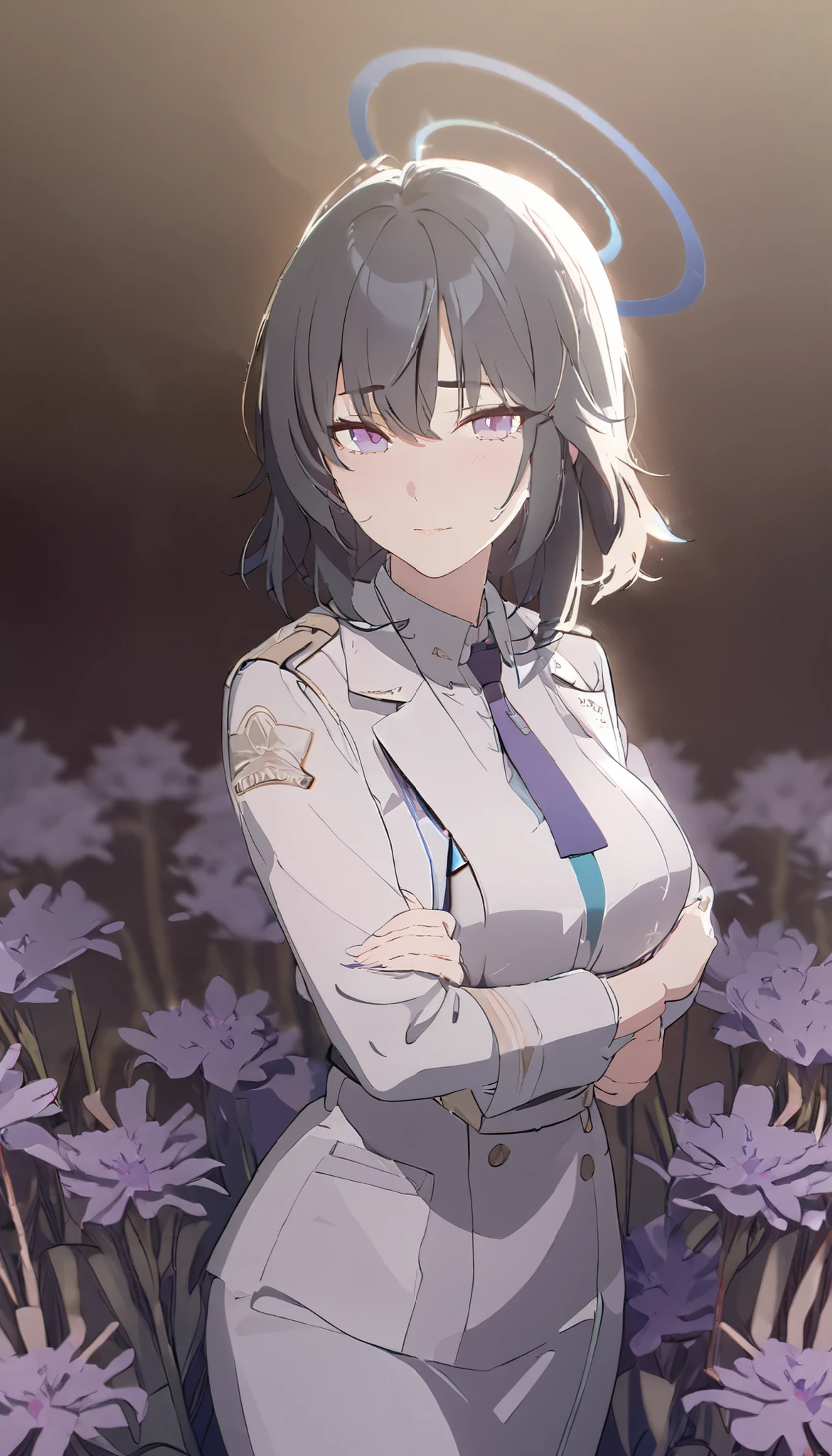 masterpiece, best quality, solo, 1girl, mature, black hair, medium hair, lavender eye, blue halo, white uniform, blue tie, standing, looking at viewer, calm, reserved, black background