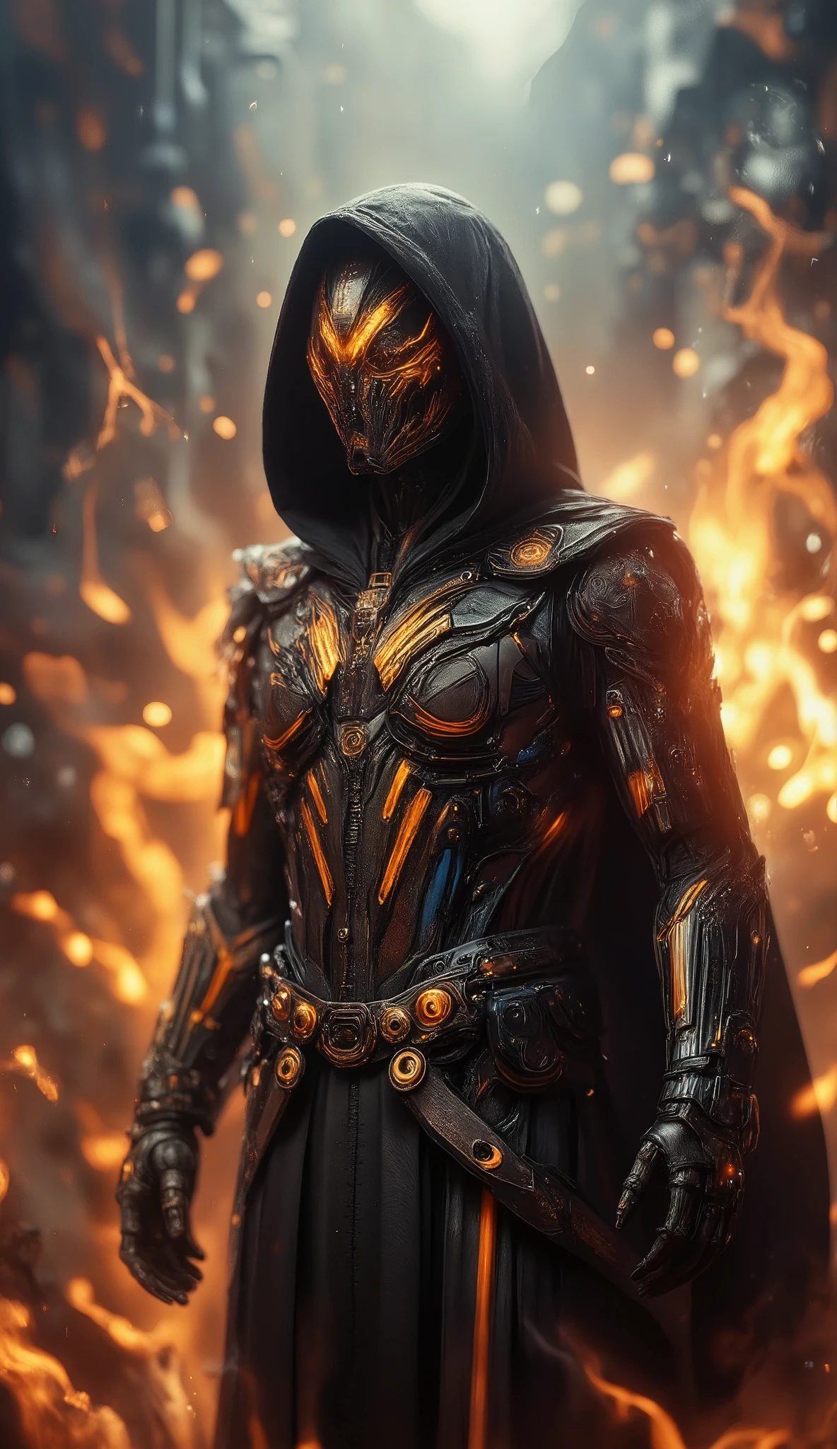 A futuristic cybernetic warrior in a dark, armored suit with glowing orange energy lines, wearing a hooded cloak. His helmet is sleek, smooth, and featureless except for the intense orange lights forming angular patterns. The environment is filled with fire and embers, creating a dramatic contrast against the black armor. The warrior's pose is imposing, exuding power and mystery, with a cinematic lighting effect enhancing the fiery background. The atmosphere is intense, evoking a sci-fi dystopian or cyberpunk aesthetic.
