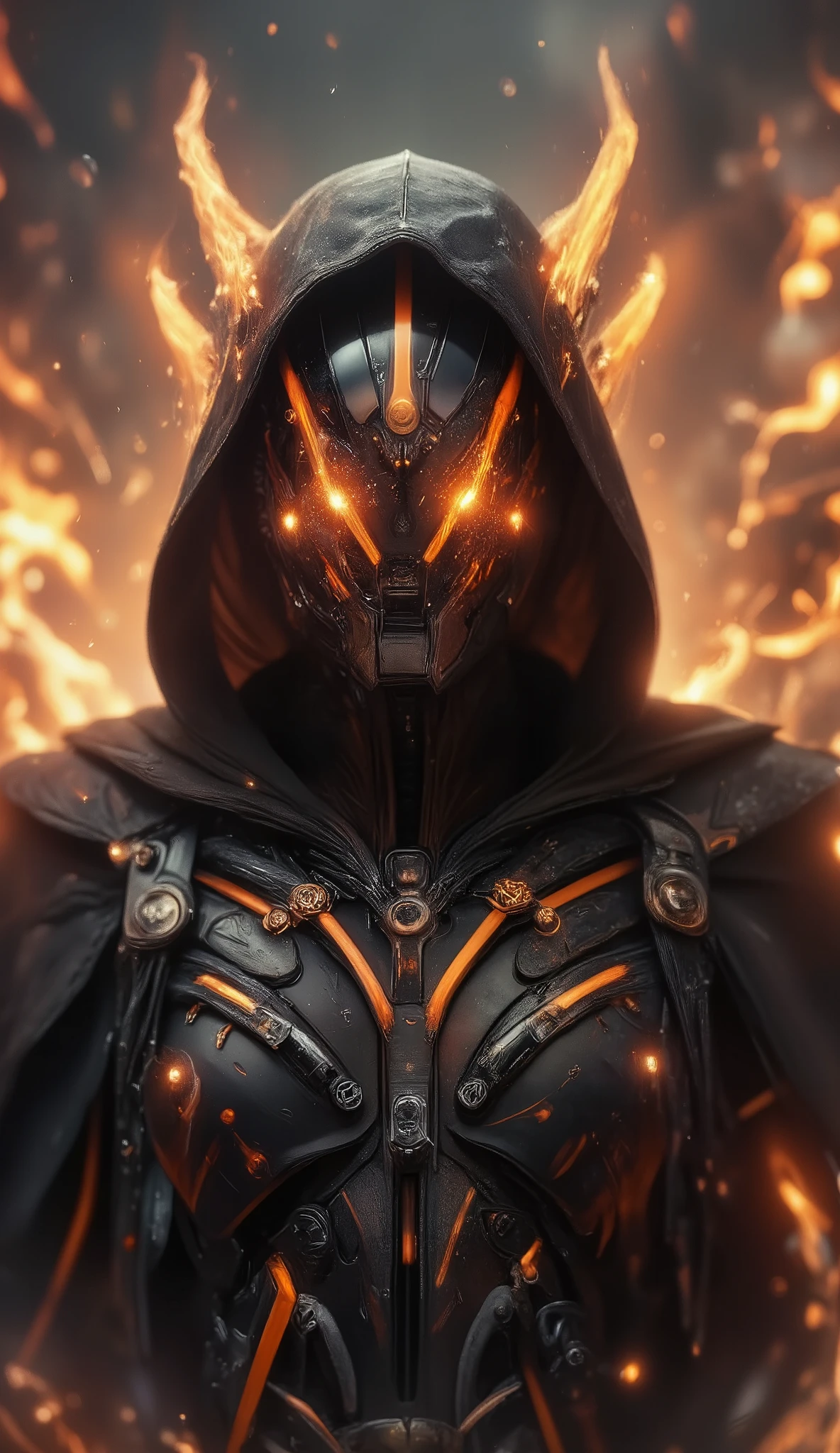A futuristic cybernetic warrior in a dark, armored suit with glowing orange energy lines, wearing a hooded cloak. His helmet is sleek, smooth, and featureless except for the intense orange lights forming angular patterns. The environment is filled with fire and embers, creating a dramatic contrast against the black armor. The warrior's pose is imposing, exuding power and mystery, with a cinematic lighting effect enhancing the fiery background. The atmosphere is intense, evoking a sci-fi dystopian or cyberpunk aesthetic.