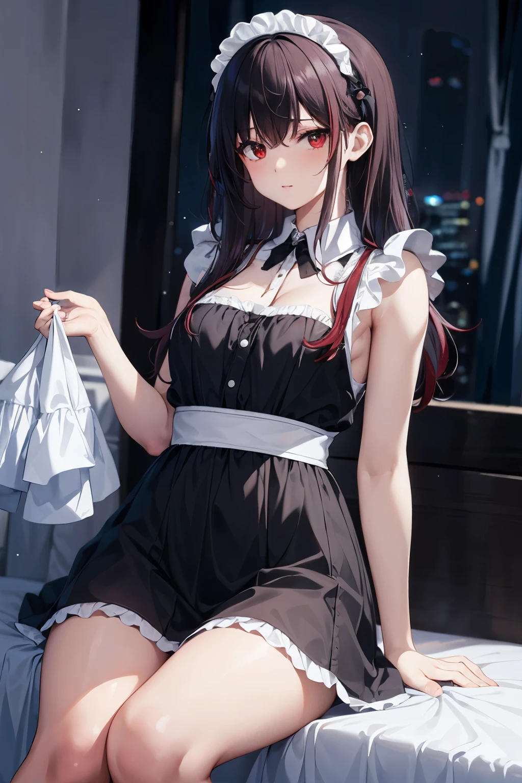 ( masterpiece), top quality, Hi-Res, Details, Details, perfect lighting, Abandoned sparkling, bedroom at night, one girl, small, viewers , small, black and white Maid Uniform , shy, Hosoda Momo , sheer, wet, miniskirt, detailed beautiful face, detailed skin, detailed clothes, detailed eyes, very sparkling red eyes, (night room ,black and red hair, 12s girl), nipslip,