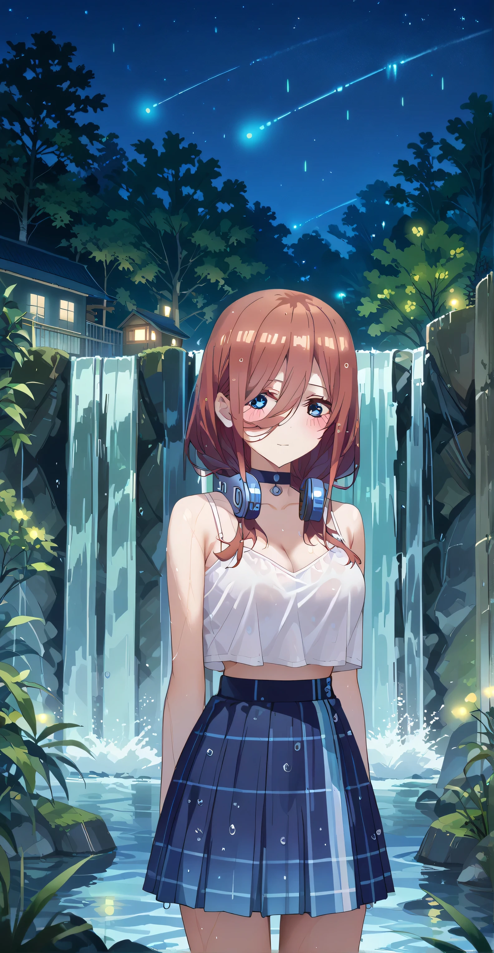 Nakano miku, (long hair,), Blue eyes, score_9, score_8_up, score_7_up, source_anime, masterpiece,best quality, medium breasts, Shy, ((White Spaghetti, crop top overhang, cleavage, headphone, choker, thight skirt)), wet clotes, wet body, ((background: Mid night , Leak, waterfall, firefly, tree, beautiful sky))
