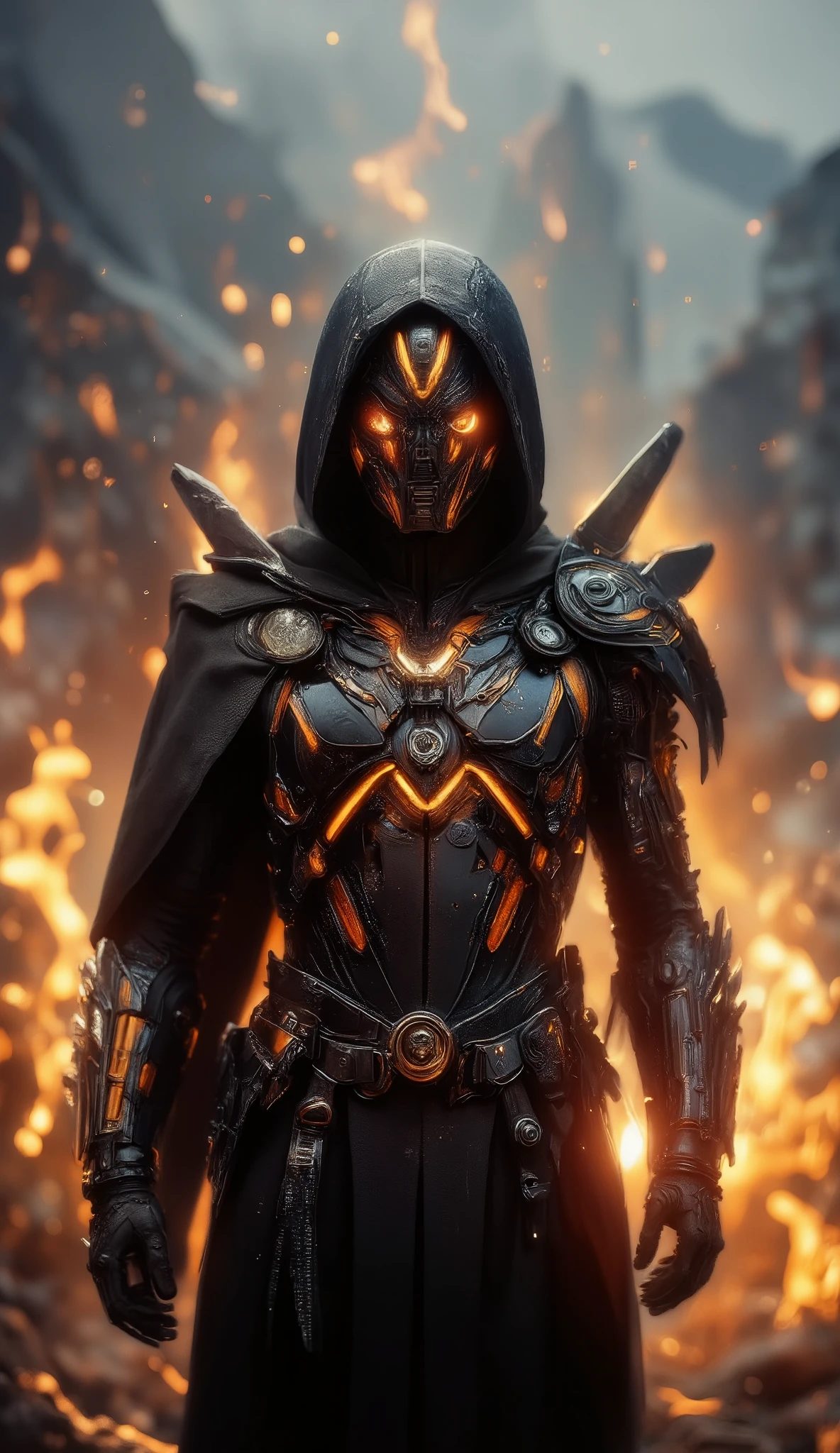 A futuristic cybernetic warrior in a dark, armored suit with glowing orange energy lines, wearing a hooded cloak. His helmet is sleek, smooth, and featureless except for the intense orange lights forming angular patterns. The environment is filled with fire and embers, creating a dramatic contrast against the black armor. The warrior's pose is imposing, exuding power and mystery, with a cinematic lighting effect enhancing the fiery background. The atmosphere is intense, evoking a sci-fi dystopian or cyberpunk aesthetic.