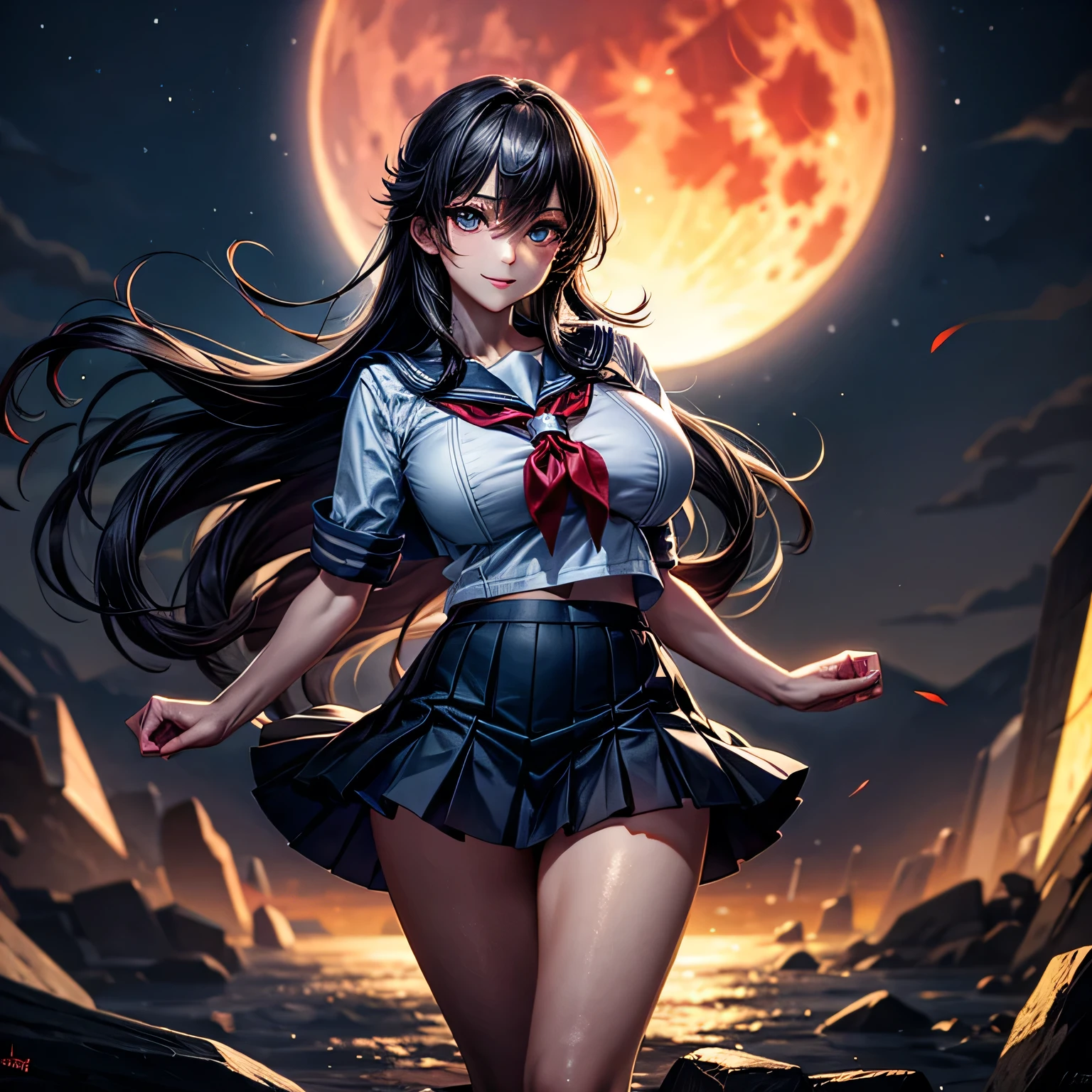 (High quality, High resolution, Fine details), intensely erotic image,male POV, male gaze, male sex fantasy,crimson clouds surrounding the moon, (on a red full moon night:1.2), (silhouette of tall buildings in the background), (deep blue sky), clear bright moon, BREAK 1girl,gigantic breasts, perfect anatomy, narrow waist, long slender legs,(extremely young), (age),BREAK (in sailor school uniform:1.3),(sailor suit), (short pleated skirt),BREAK white collar, BREAK red bow, BREAK white long socks, BREAK black shoes, BREAK stunningly beautiful face, solo, curvy girl, (perfect anatomy),(flowing red hair), sparkling eyes, (Detailed eyes:1.2), smile, flirting, sexy, seductive, shallow depth of field, soft moonlight, faint shadow cast behind her, giga_busty, fakebreasts