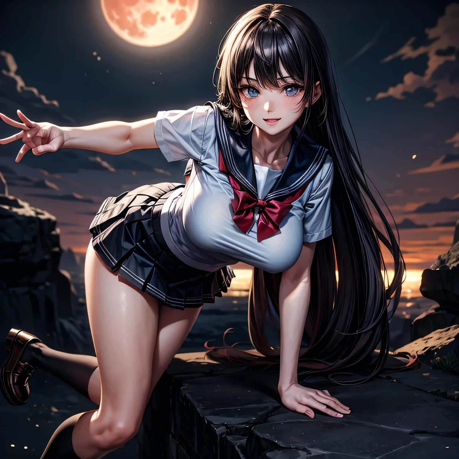 (High quality, High resolution, Fine details), intensely erotic image,male POV, male gaze, male sex fantasy,crimson clouds surrounding the moon,  (on a red full moon night:1.2), (silhouette of tall buildings in the background), (deep blue sky), clear bright moon, BREAK 1girl,gigantic breasts, perfect anatomy, narrow waist, long slender legs,(extremely young), (age),BREAK (in sailor school uniform:1.3),(sailor suit), (short pleated skirt),BREAK white collar, BREAK red bow, BREAK white long socks, BREAK black shoes, BREAK stunningly beautiful face, solo, curvy girl, (perfect anatomy),(flowing red hair), sparkling eyes, (Detailed eyes:1.2), smile, flirting, sexy, seductive, shallow depth of field, soft moonlight, faint shadow cast behind her,  giga_busty, fakebreasts
