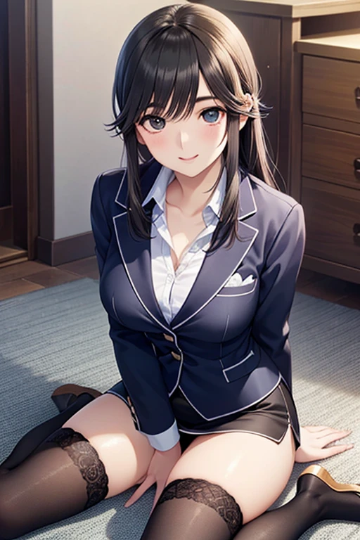 Tabletop, Highest quality, 8k, office lady、Navy Recruit Suit、Tight mini skirt、Award-winning portraits, alone, Digital single-lens reflex camera, Looking at the audience, Thin arms, whole body、Smile、Professional Lighting ,{Sitting in front of the station},((Lace panties、Garter Straps、garter belt、Garter Stockings))