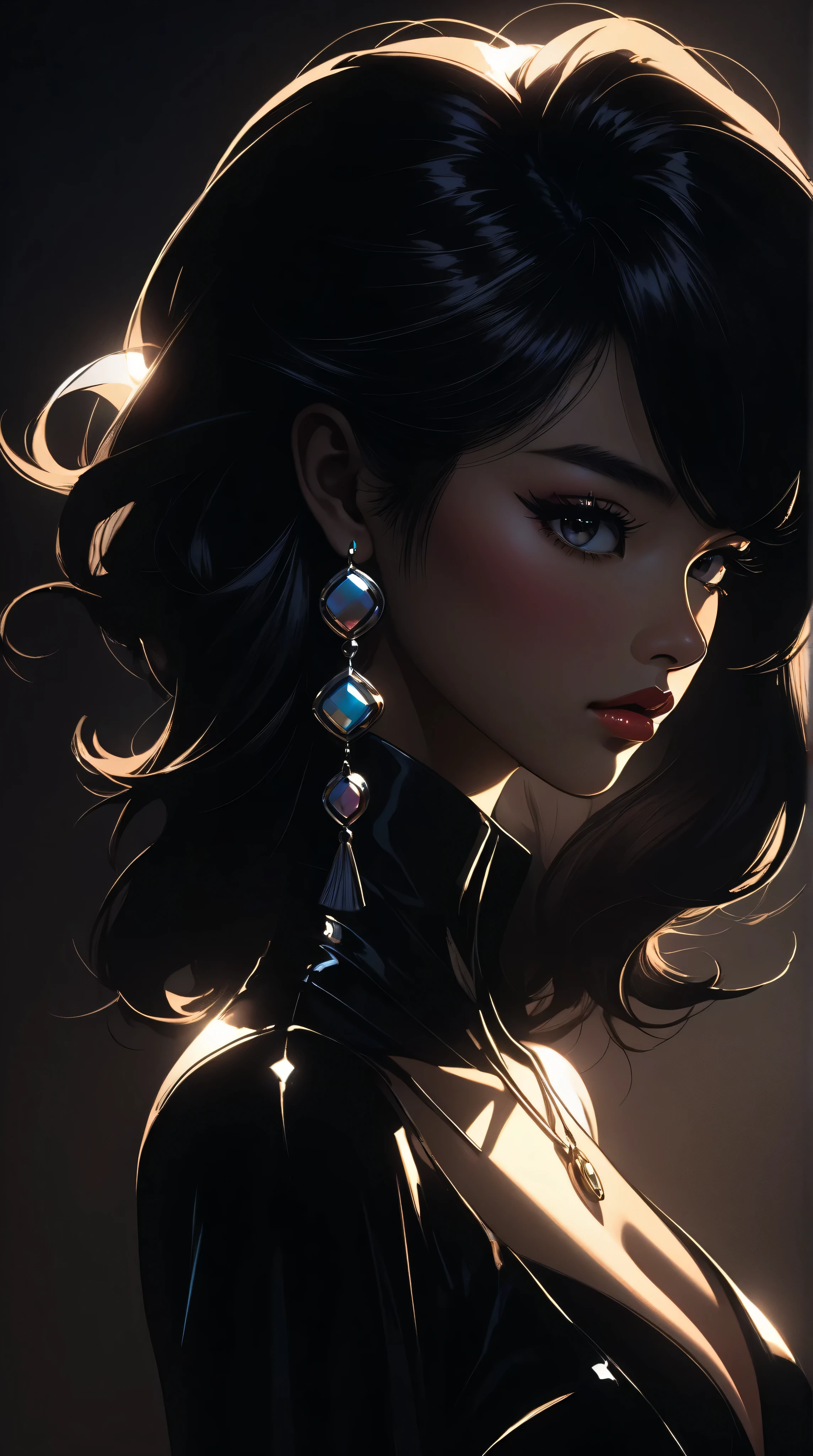Studio Lighting,(Vibrant colors),(Soft moody lighting),(Sharp Focus), stunning face, confident and provocative smile,Mysterious atmosphere,Dark cave background, Big Tits, Decorative equipment,Fierce and powerful stance,Shining Jewelry,Dramatic lighting to accentuate facial features,Subtle makeup,Nighttime Settings,Faint moonlight shining in the background illuminates the scene.、masterpiece, 最high quality, high quality, High resolution, ((Pause_random))、((Face close-up))), Face close-up, Dark cave background,((black garter set))、