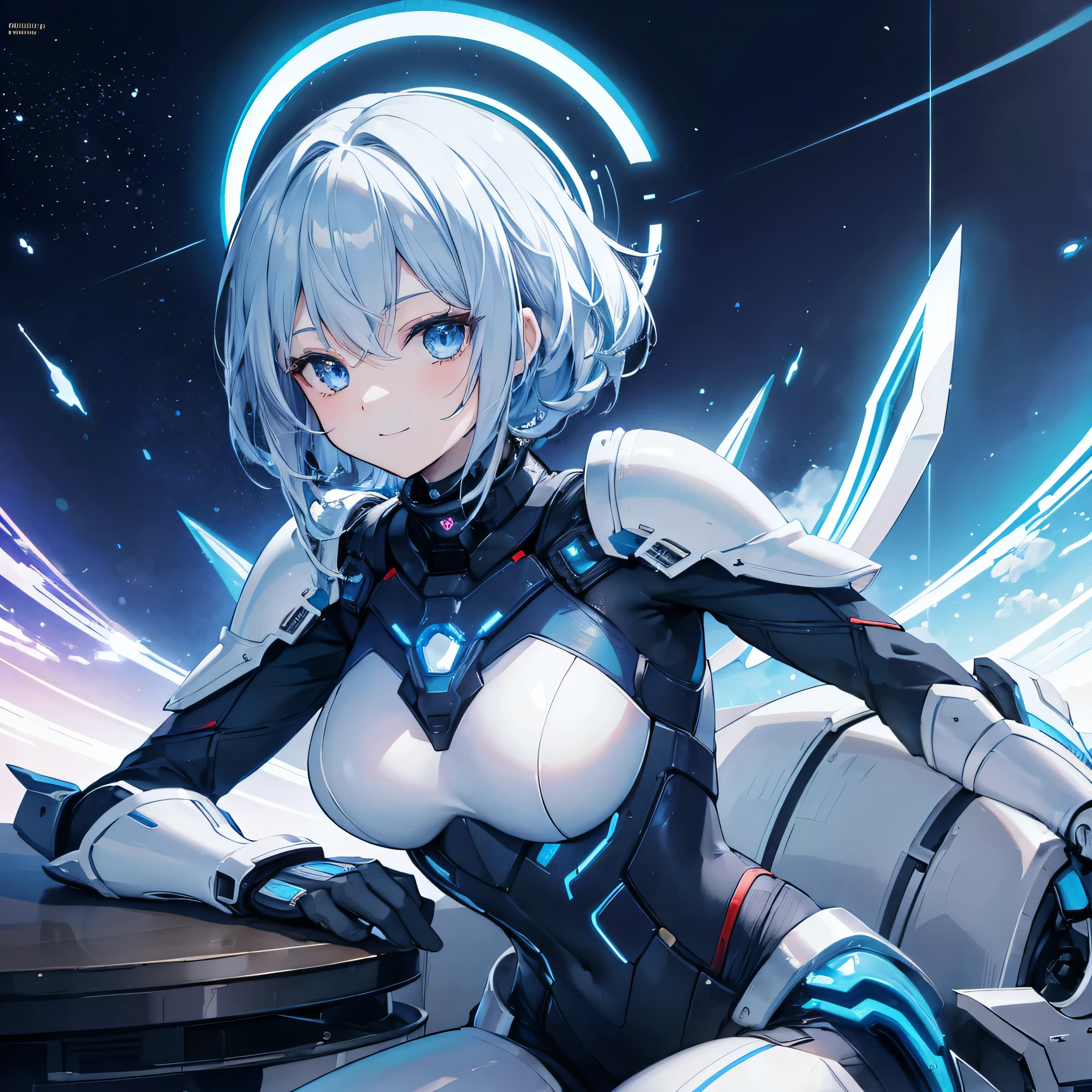 Slender beautiful girl、(White and blue futuristic space station wall background):1.2、Tight-fitting bodysuits of the near future、hight resolution、top-quality、The ultra-detailliert、Fine details、Does not blush cheeks、knee high、Undersized breasts、short hair of golden color、head phone