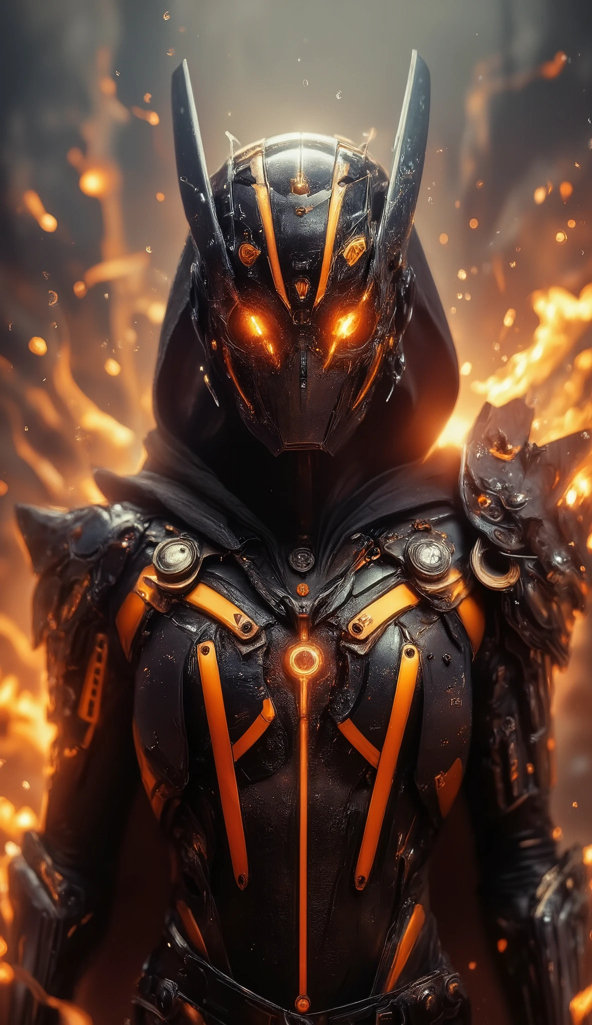A futuristic cybernetic warrior in a dark, armored suit with glowing orange energy lines, wearing a hooded cloak. His helmet is sleek, smooth, and featureless except for the intense orange lights forming angular patterns. The environment is filled with fire and embers, creating a dramatic contrast against the black armor. The warrior's pose is imposing, exuding power and mystery, with a cinematic lighting effect enhancing the fiery background. The atmosphere is intense, evoking a sci-fi dystopian or cyberpunk aesthetic.