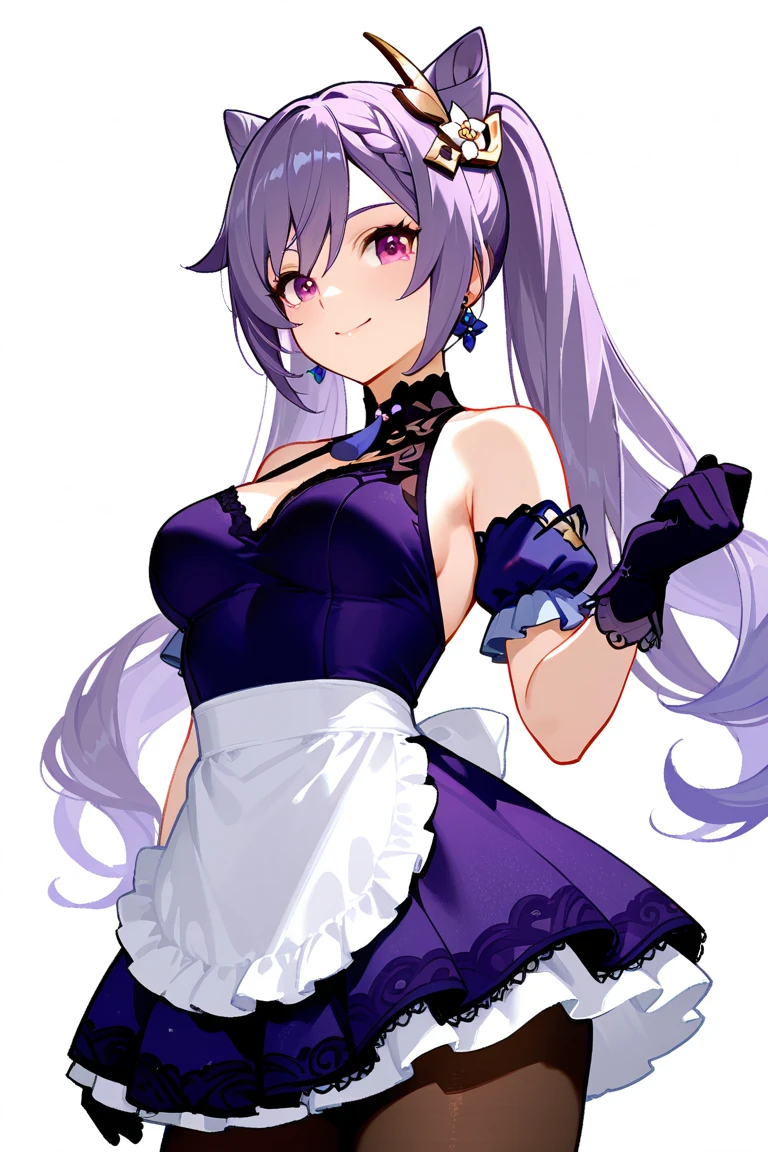 (One girl)、(medium length hair)、(sidelock)、(purple hair)、(slan eyes)、（boyish）、cute、(Big super breasts)、((Chubby))、Maid、No sleeve、mini skirt、White sleeveless、thigh-high socks thighhighs、(long gloves)、hairs between eyes、(coarse hair)、[flipped hair]、red eye、expressionless、one eye closed、arm behind back、two side up、White Background、