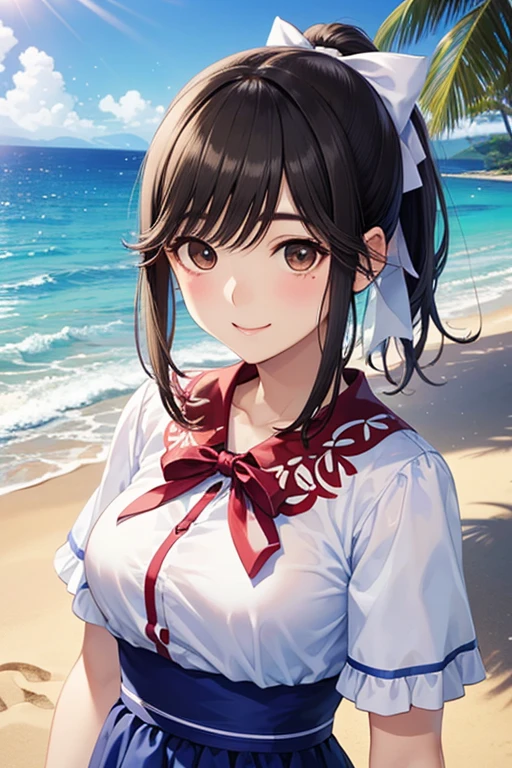 1girls, Height 148cm、Bust 85cm、Waist 56cm、Hip 85cm、F-cup、23yo、very baby face、Brown-haired、ponie tail、White lace hair ribbon、Cute swimsuit in one piece with ruffles、Wearing a white hoodie with a front opening、Sandy beaches on the Shonan coast、smile on face、Blur the background a lot、sea bathing、beach parasol、Dazzling sunlight