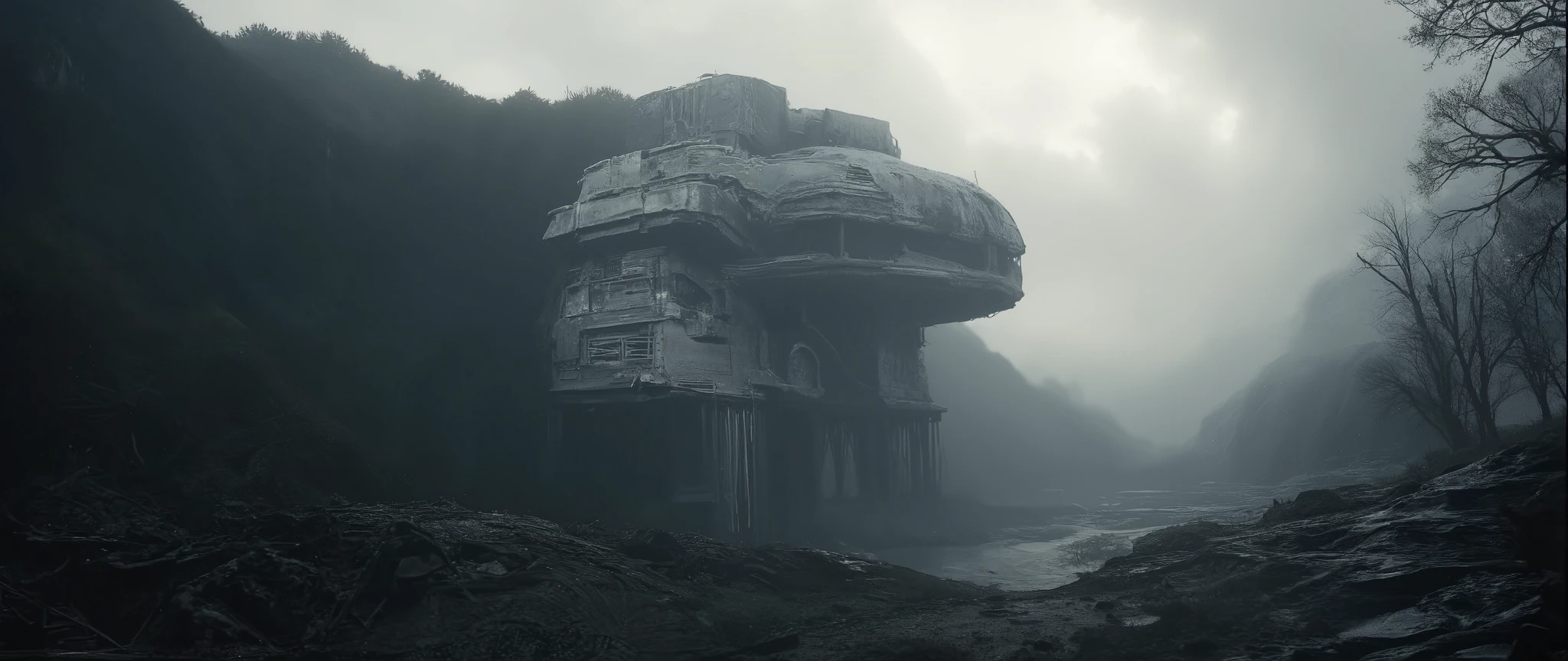 Apoclypse dark scifi antigravity floating dystopian brutalist Soviet city on the siberian void, atmospheric view