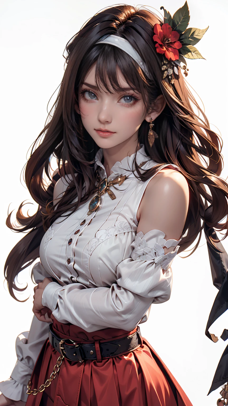 girl, pretty face, elongated eyes, white skin, wavy hair, brown hair, brown eyes, have bangs, long wolfcut hair, pirate