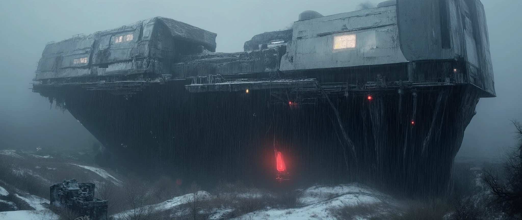 Apoclypse dark scifi antigravity floating dystopian brutalist Soviet city on the siberian void, atmospheric view, sinister, snowstorm, darkness, diaturbing