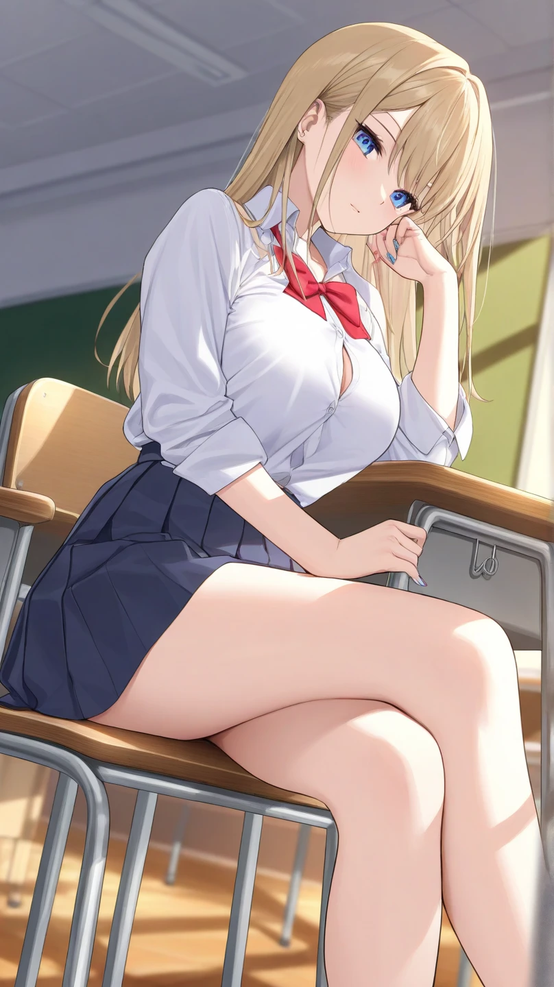 A high school girl in uniform sitting on a train,Browsing Caution,4K,Gal:1.3,Anatomically correct,school uniform:1.3,A pure and innocent girl, Very cute face, Like an idol, (masterpiece:1.2), (high quality), panties, loose socks, Hip, Blue Skirt, alone, Blazer Type, loose socks, M-shaped legs, Brown eyes, pure gaze, mini skirt, Lift yourself up, Check skirt, blush,((Center of chest)), (Sweating profusely), Long Hair, physical education, Beautiful feet, ((in the train))