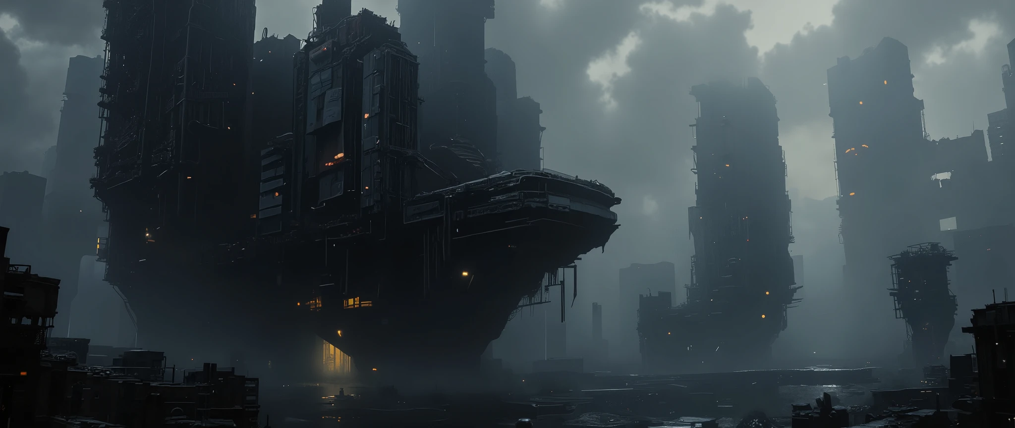 dark scifi antigravity floating dystopian brutalist city atmospheric view