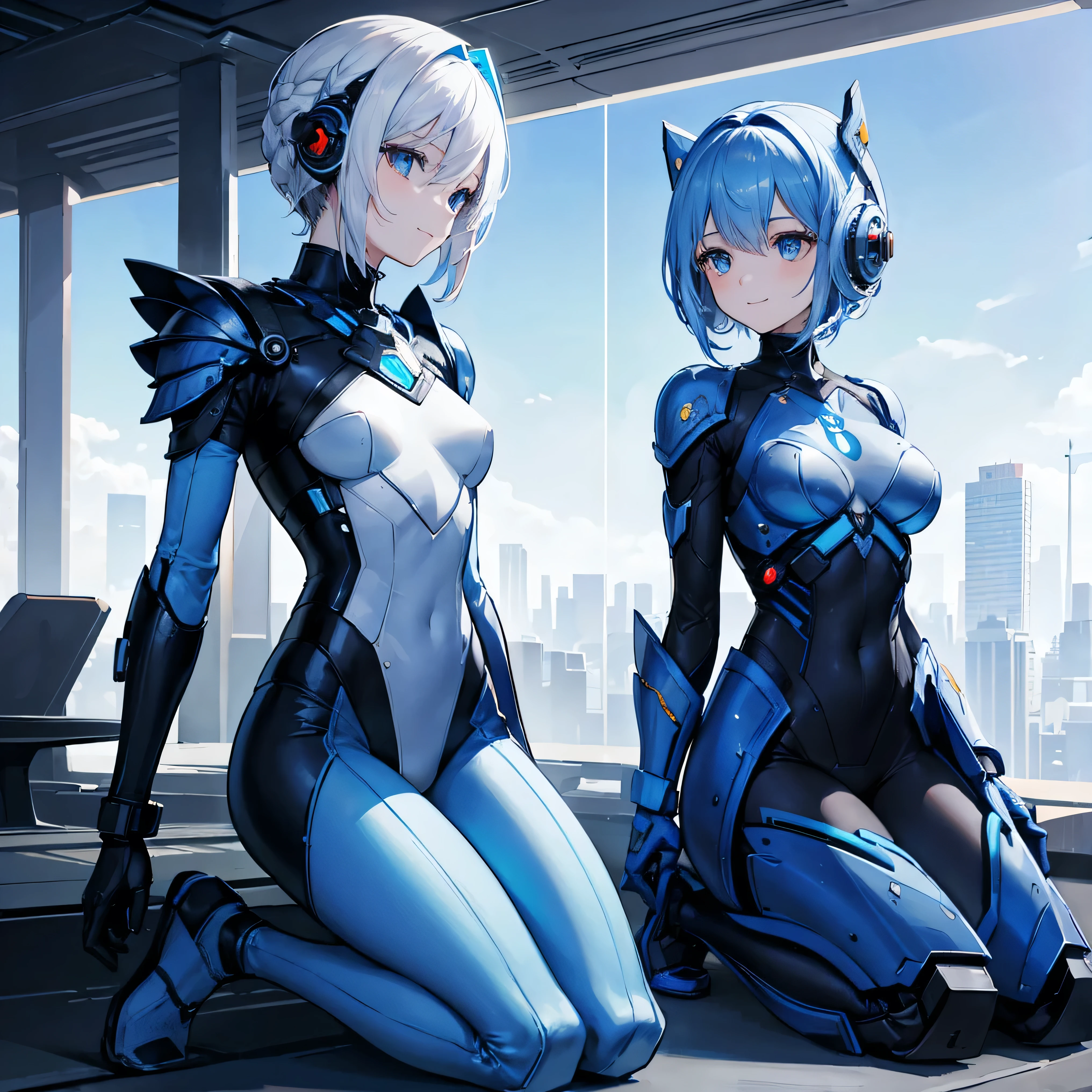 Duo, wear a blue and black suit,  cat couple, female, intricately designed cybernetic implants, tall, skinny, thick thighs, standing in a dark laboratory, illuminated body parts, by hyattlen, by fumiko, by claweddrip, posing seductively, realistic